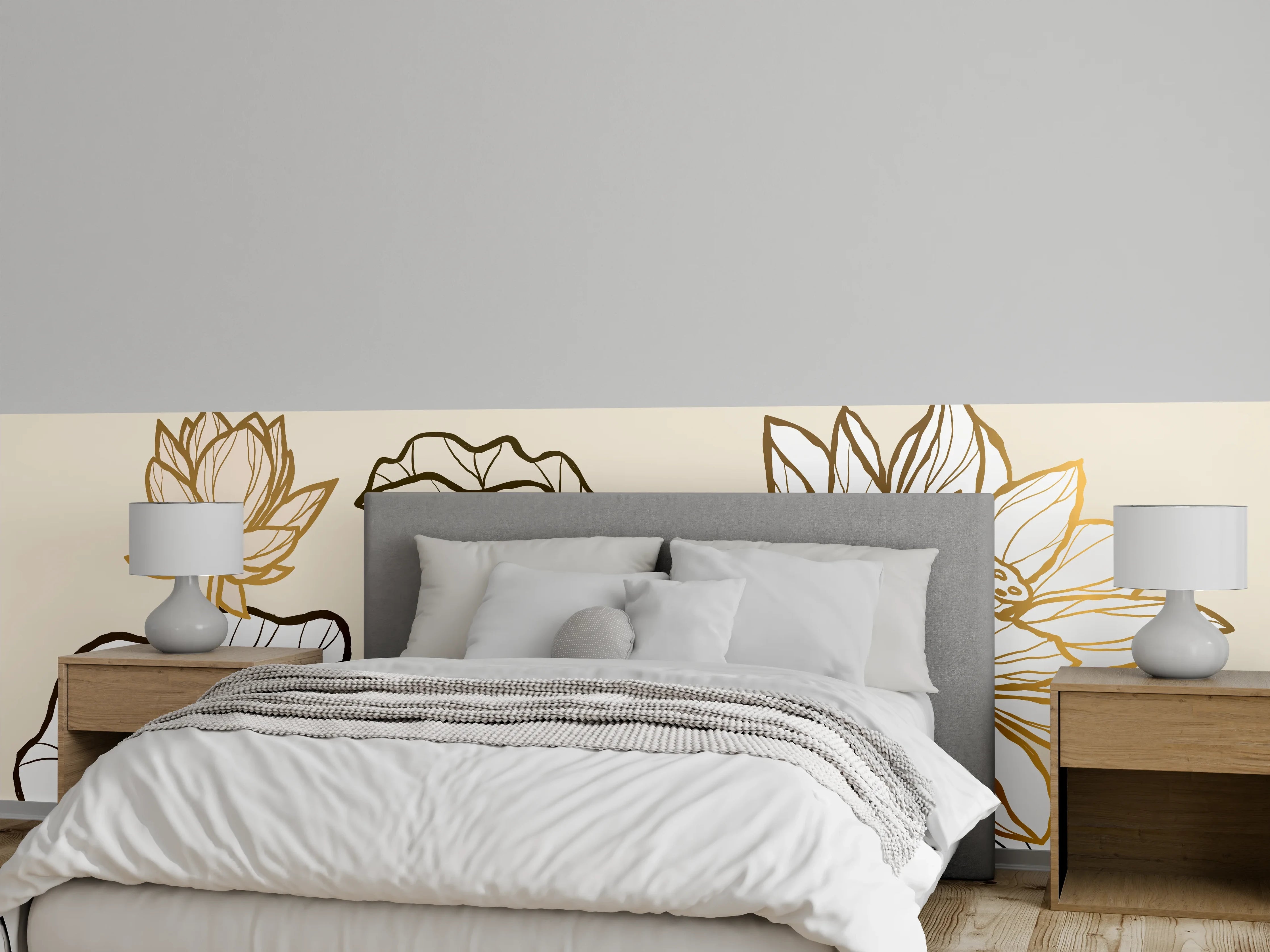 Wandverkleidung Schlafzimmer - Goldene Botanik Lineart Illustration