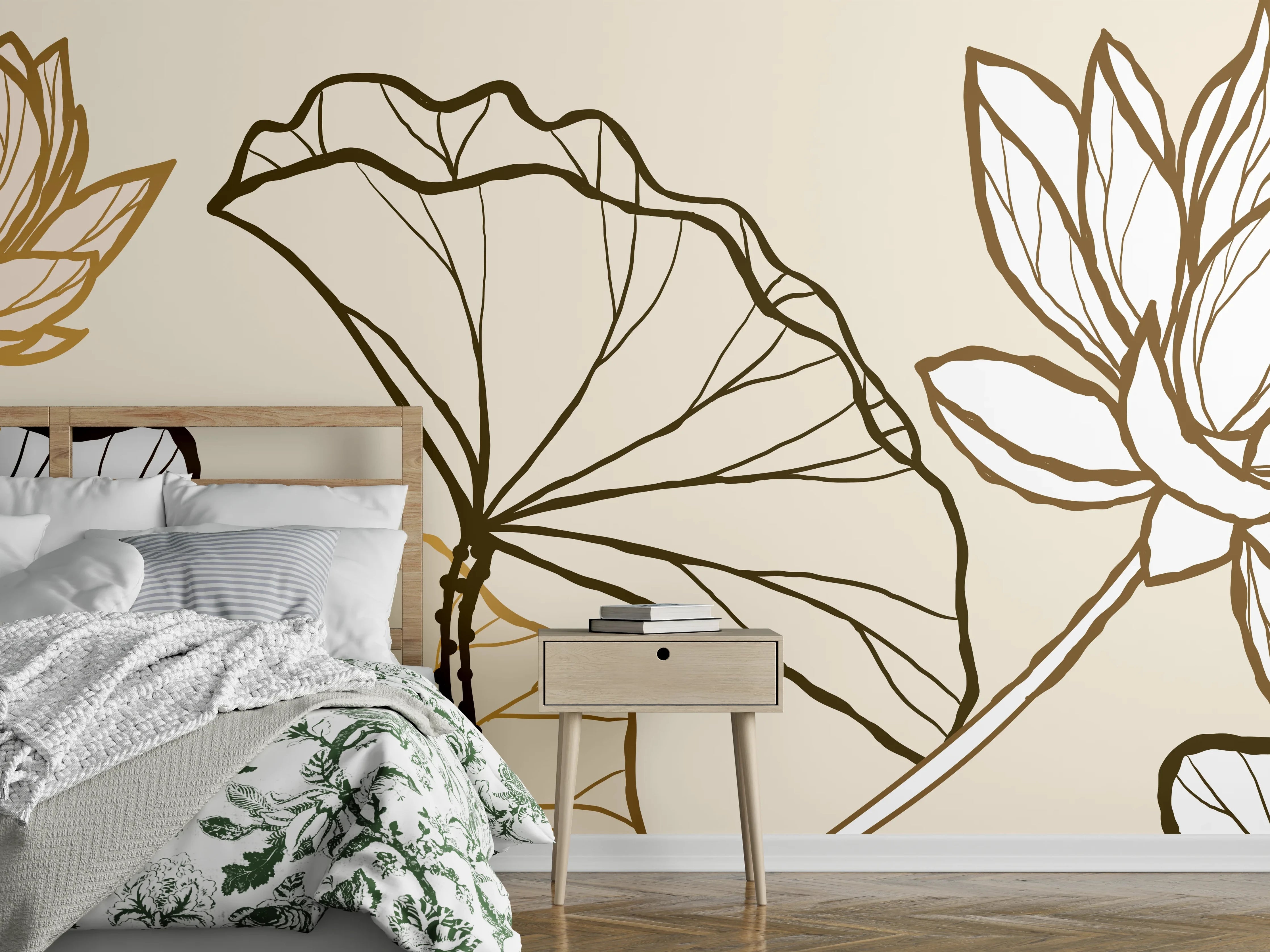 Wandverkleidung Schlafzimmer - Goldene Botanik Lineart Illustration