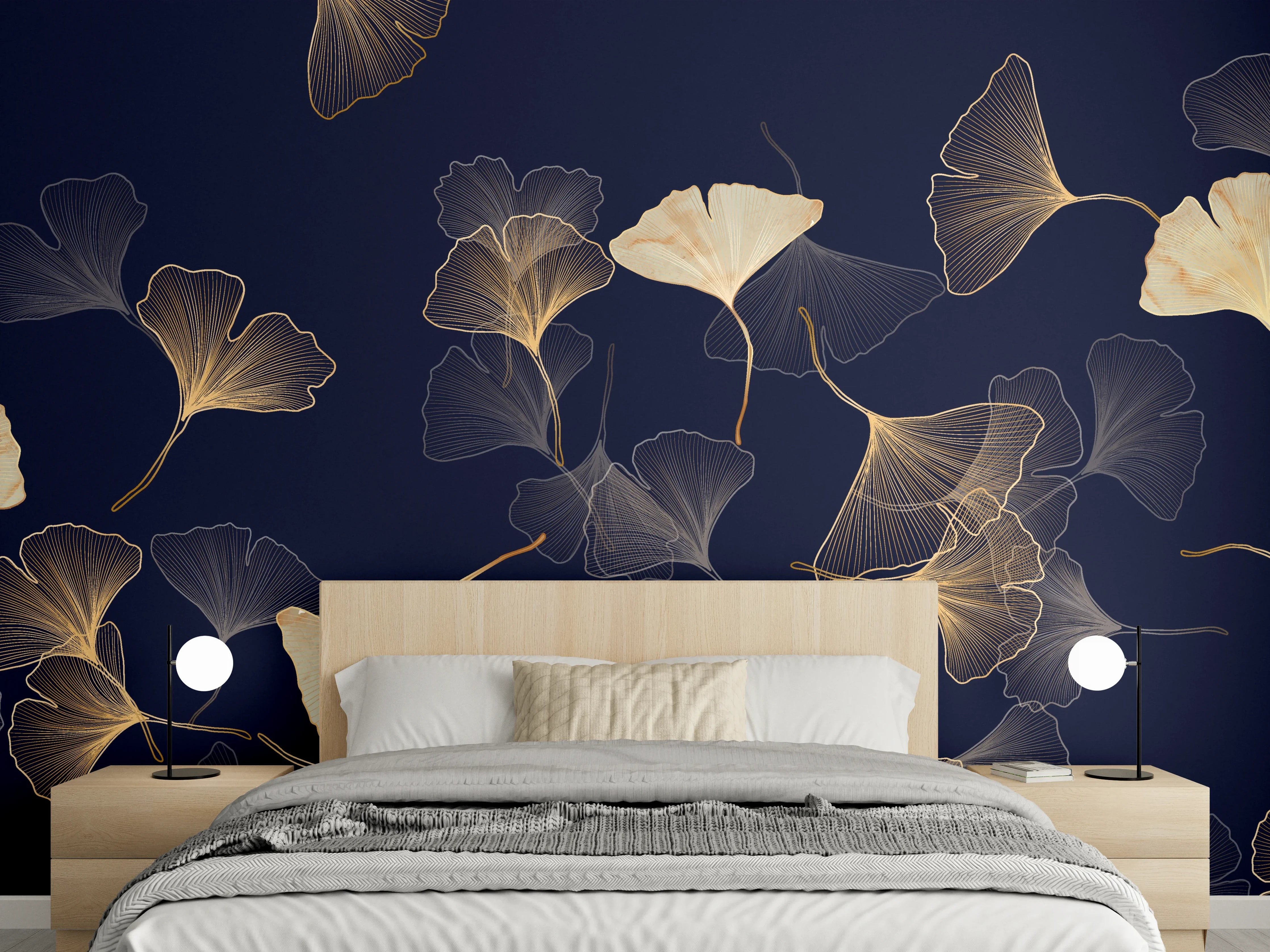 Wandverkleidung Schlafzimmer - Goldene Ginkgo Blatt Design Tapete