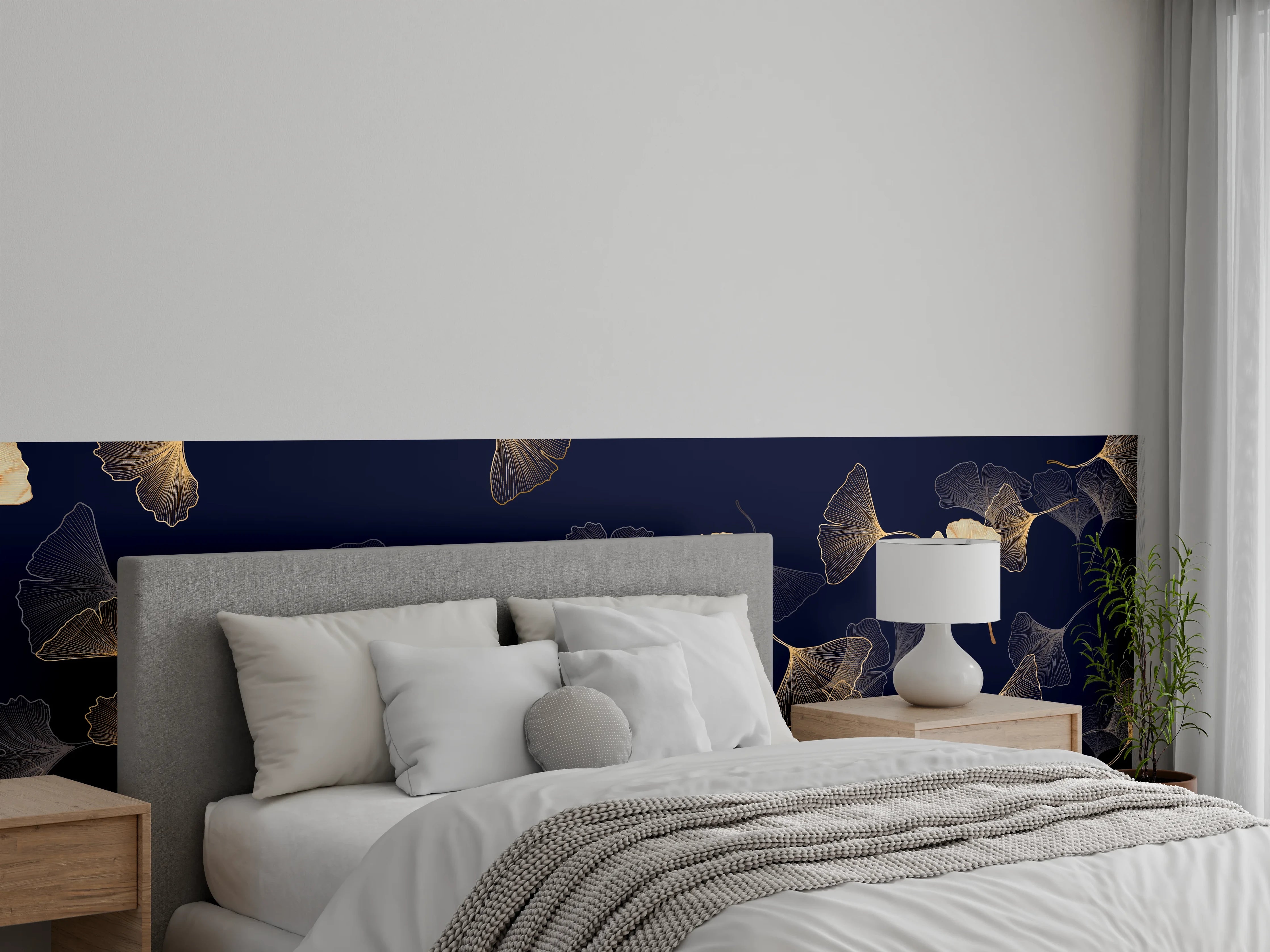 Wandverkleidung Schlafzimmer - Goldene Ginkgo Blatt Design Tapete