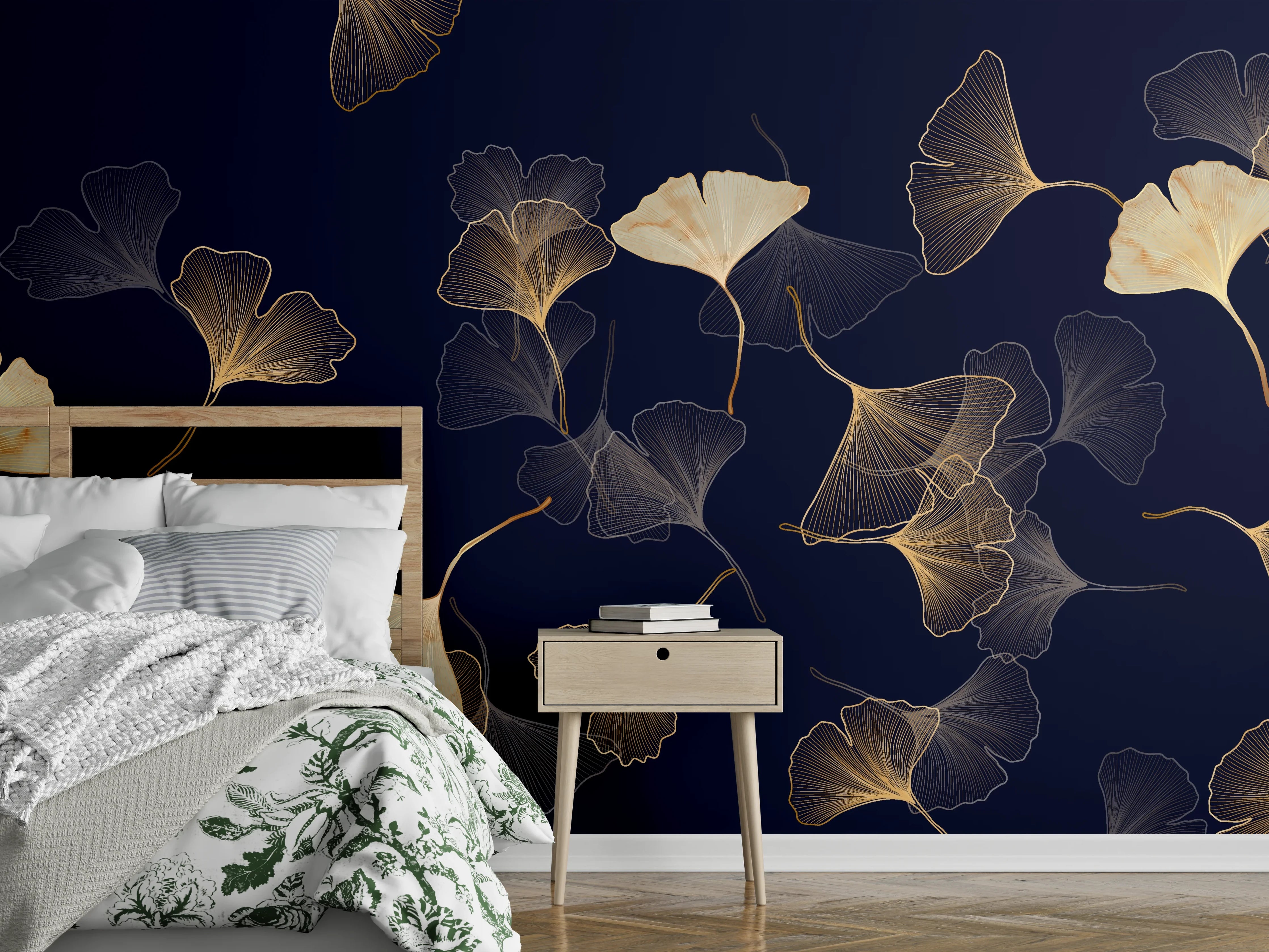 Wandverkleidung Schlafzimmer - Goldene Ginkgo Blatt Design Tapete