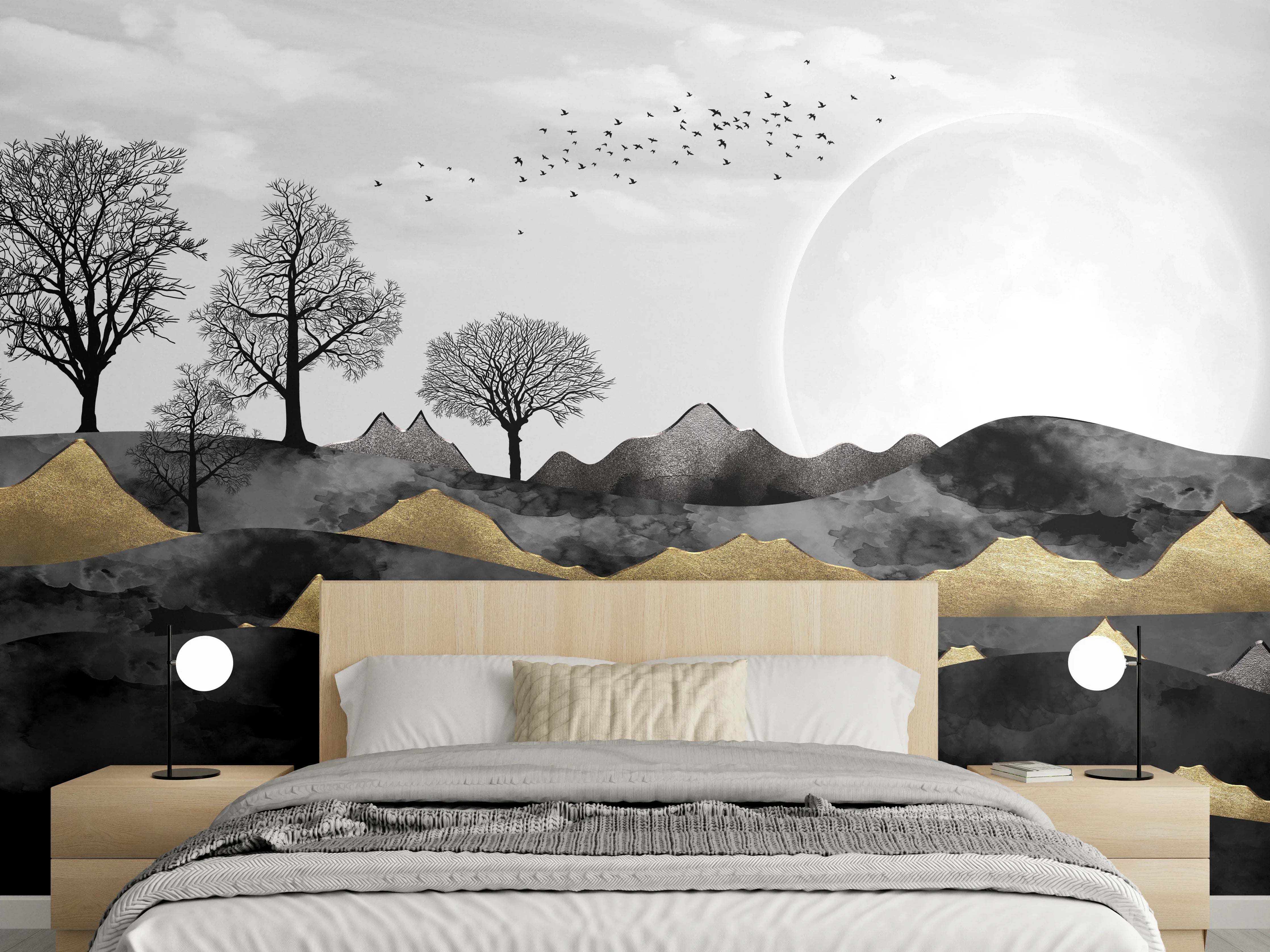 Wandverkleidung Schlafzimmer - Goldene Hügellandschaft Schwarze Bäume Mond