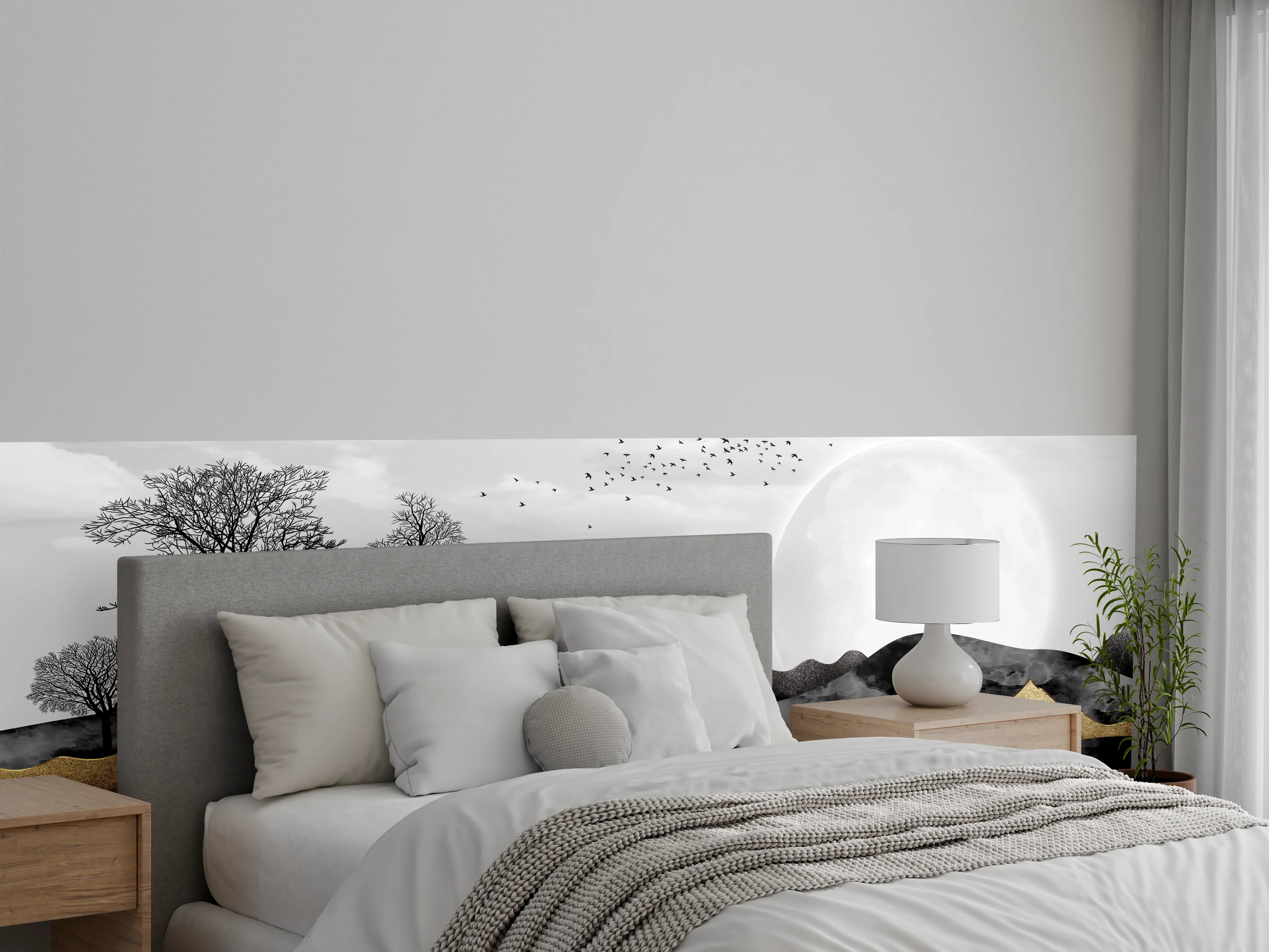 Wandverkleidung Schlafzimmer - Goldene Hügellandschaft Schwarze Bäume Mond