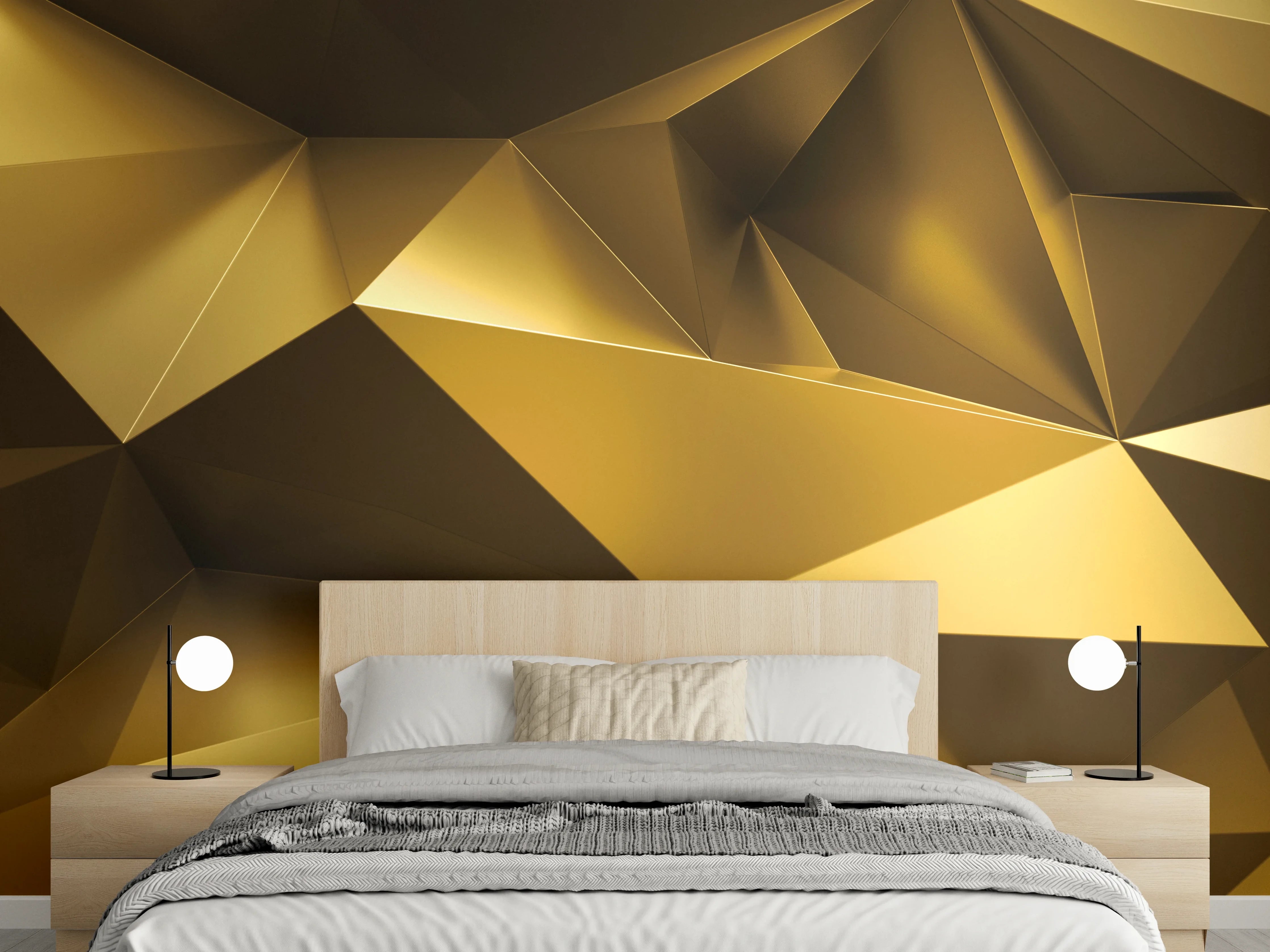 Wandverkleidung Schlafzimmer - Goldene Kristall Polygon Tapete
