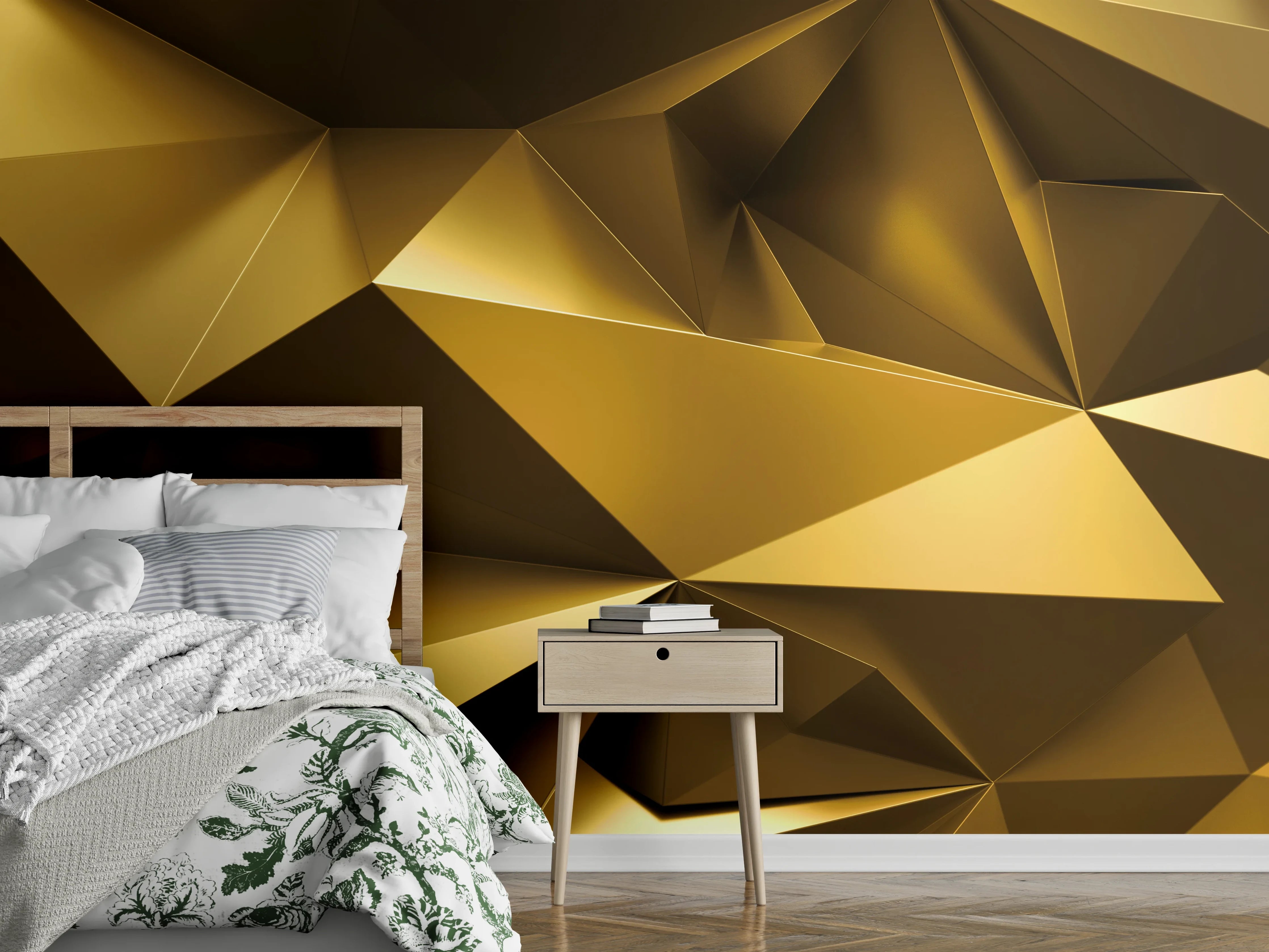 Wandverkleidung Schlafzimmer - Goldene Kristall Polygon Tapete