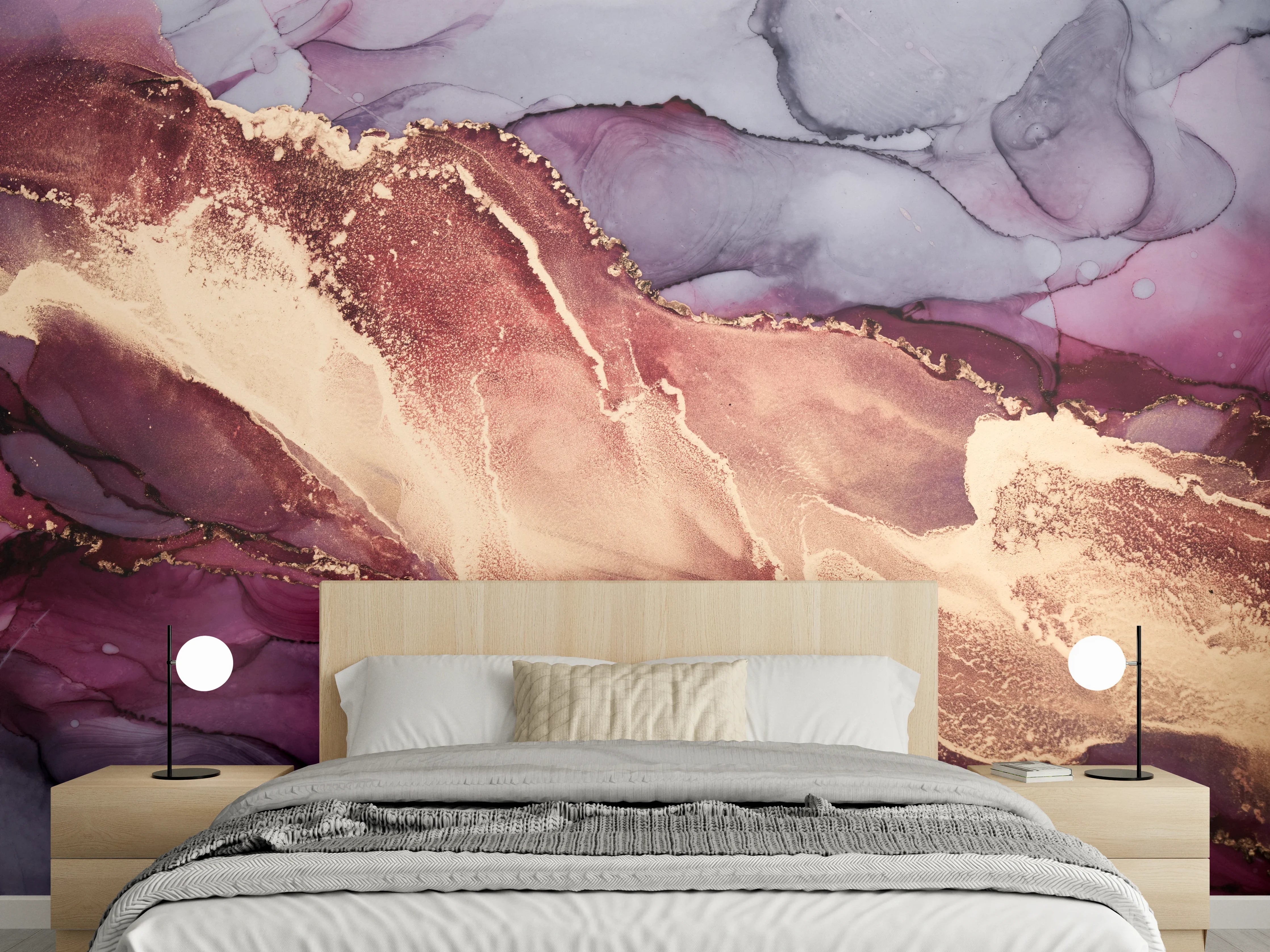 Wandverkleidung Schlafzimmer - Goldene Lila-Marmorträume mit Grauschimmer