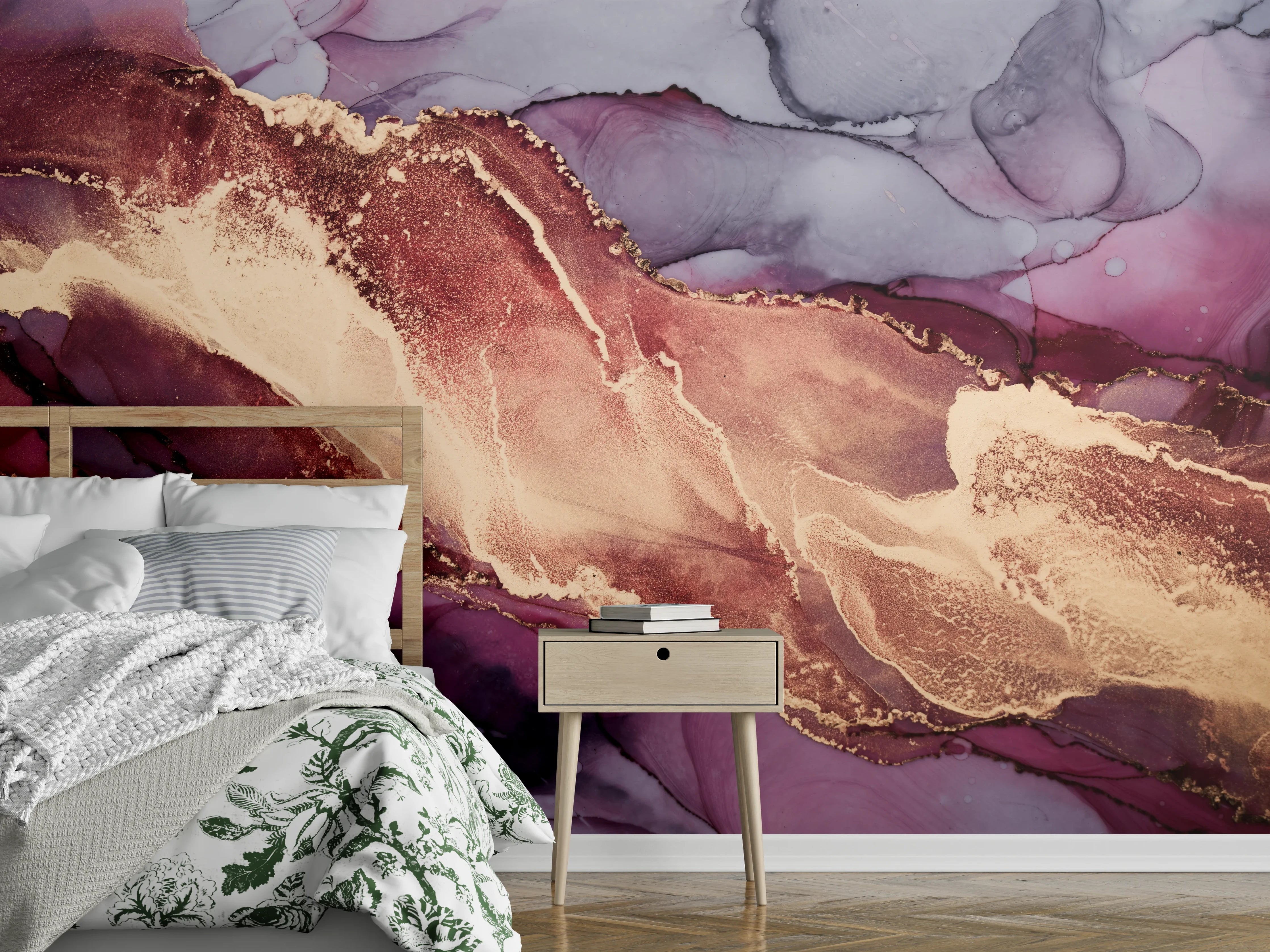 Wandverkleidung Schlafzimmer - Goldene Lila-Marmorträume mit Grauschimmer