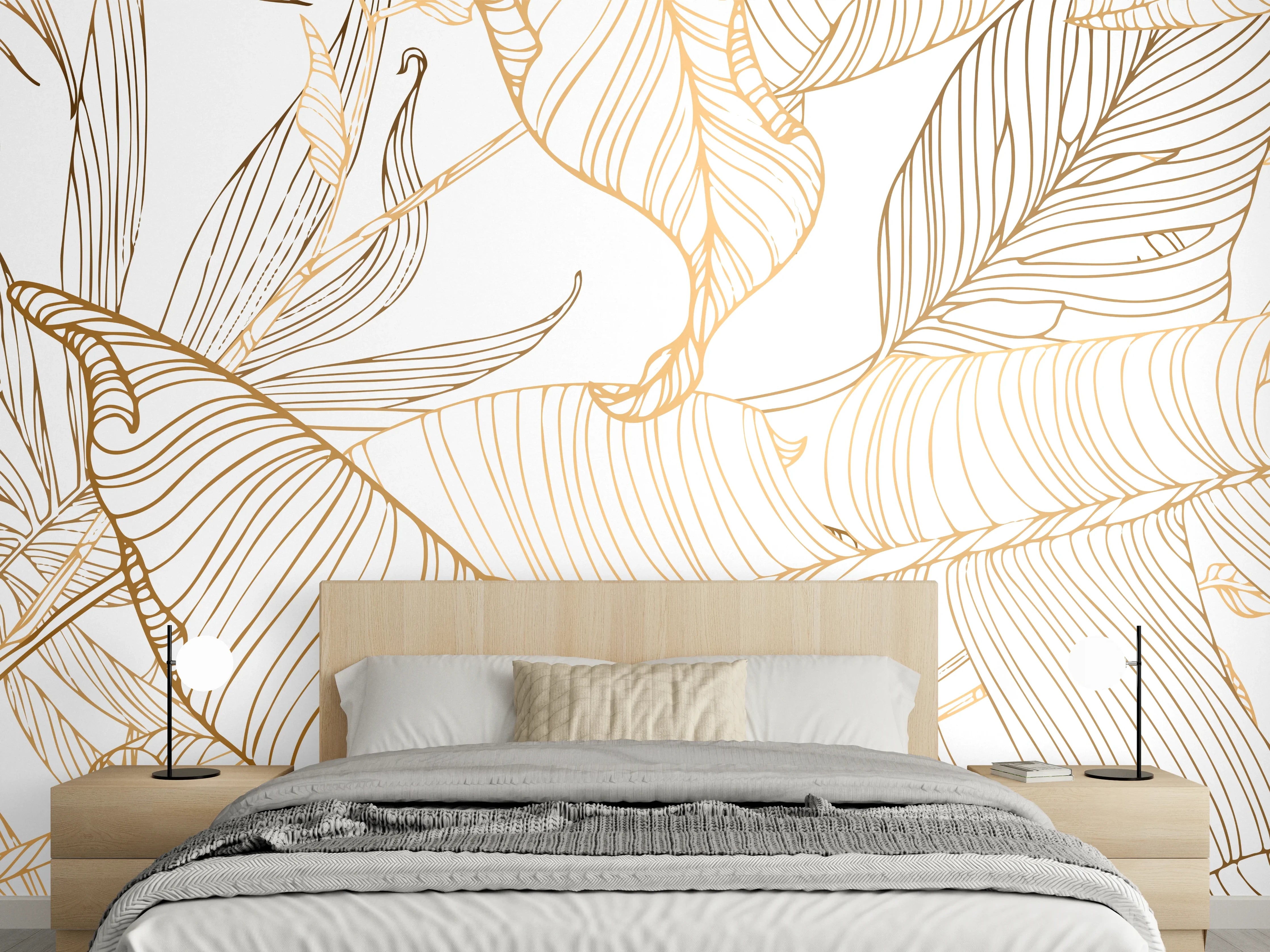 Wandverkleidung Schlafzimmer - Goldene Lineart Blattmuster Kunst