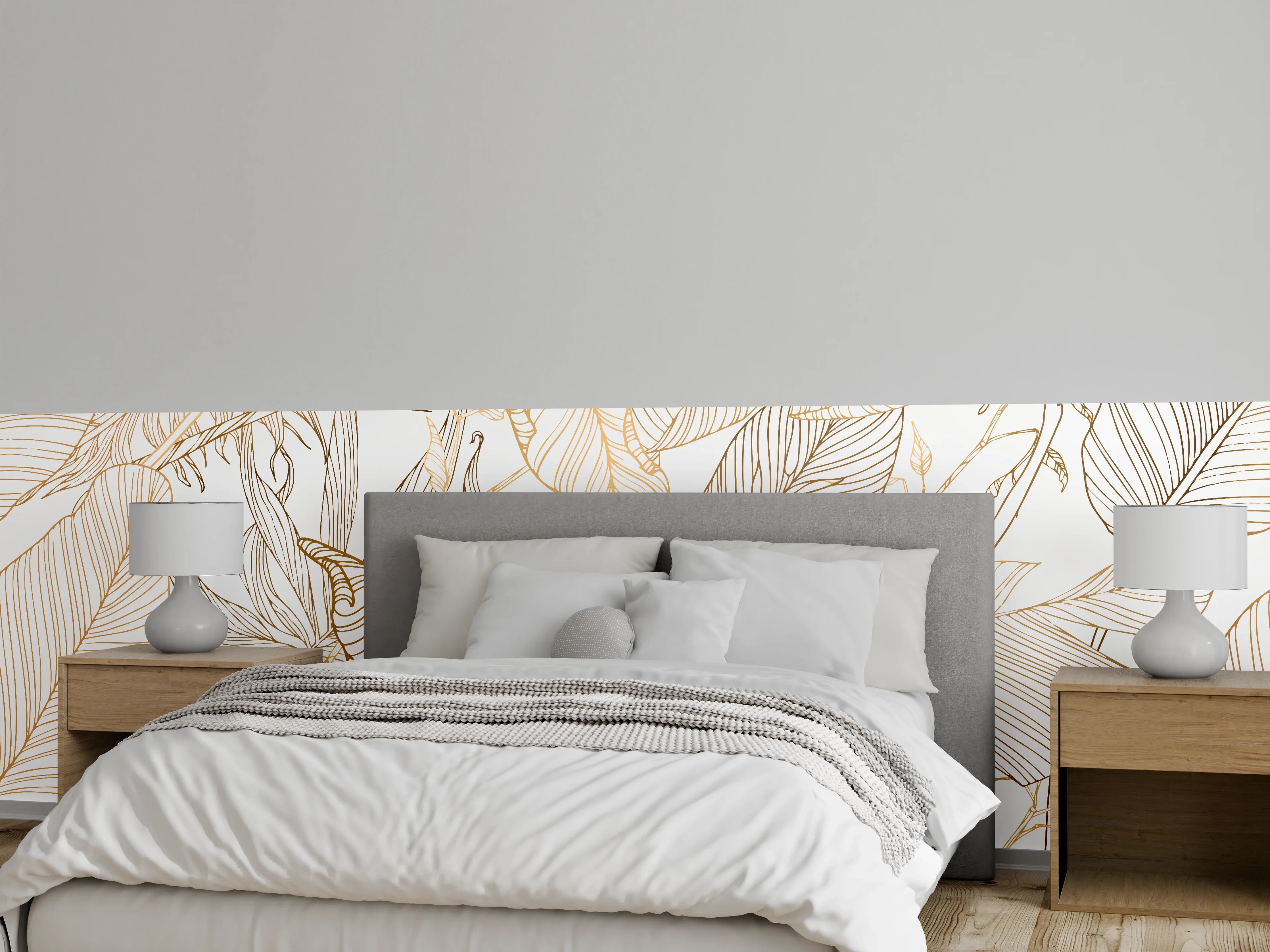Wandverkleidung Schlafzimmer - Goldene Lineart Blattmuster Kunst
