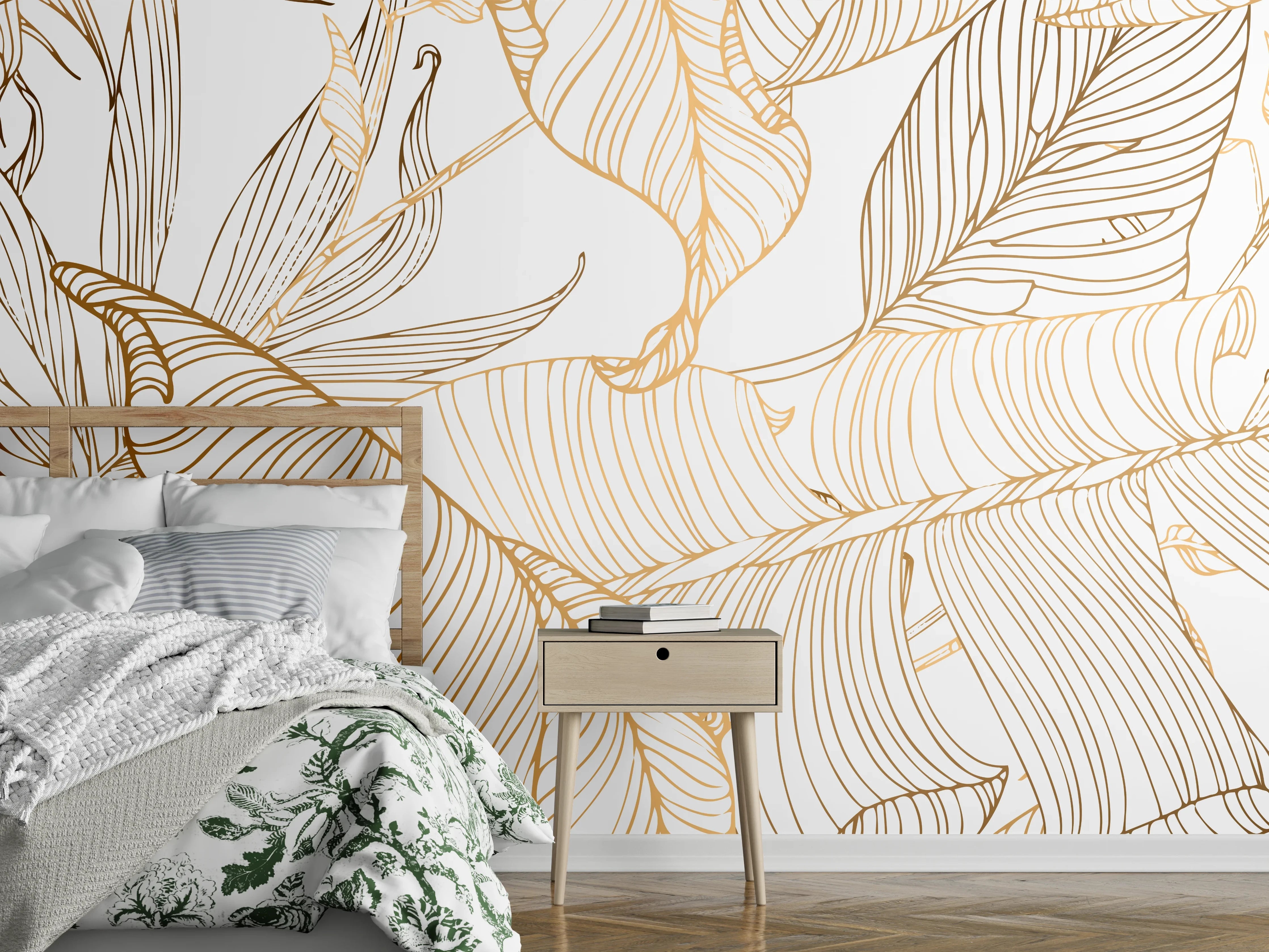 Wandverkleidung Schlafzimmer - Goldene Lineart Blattmuster Kunst