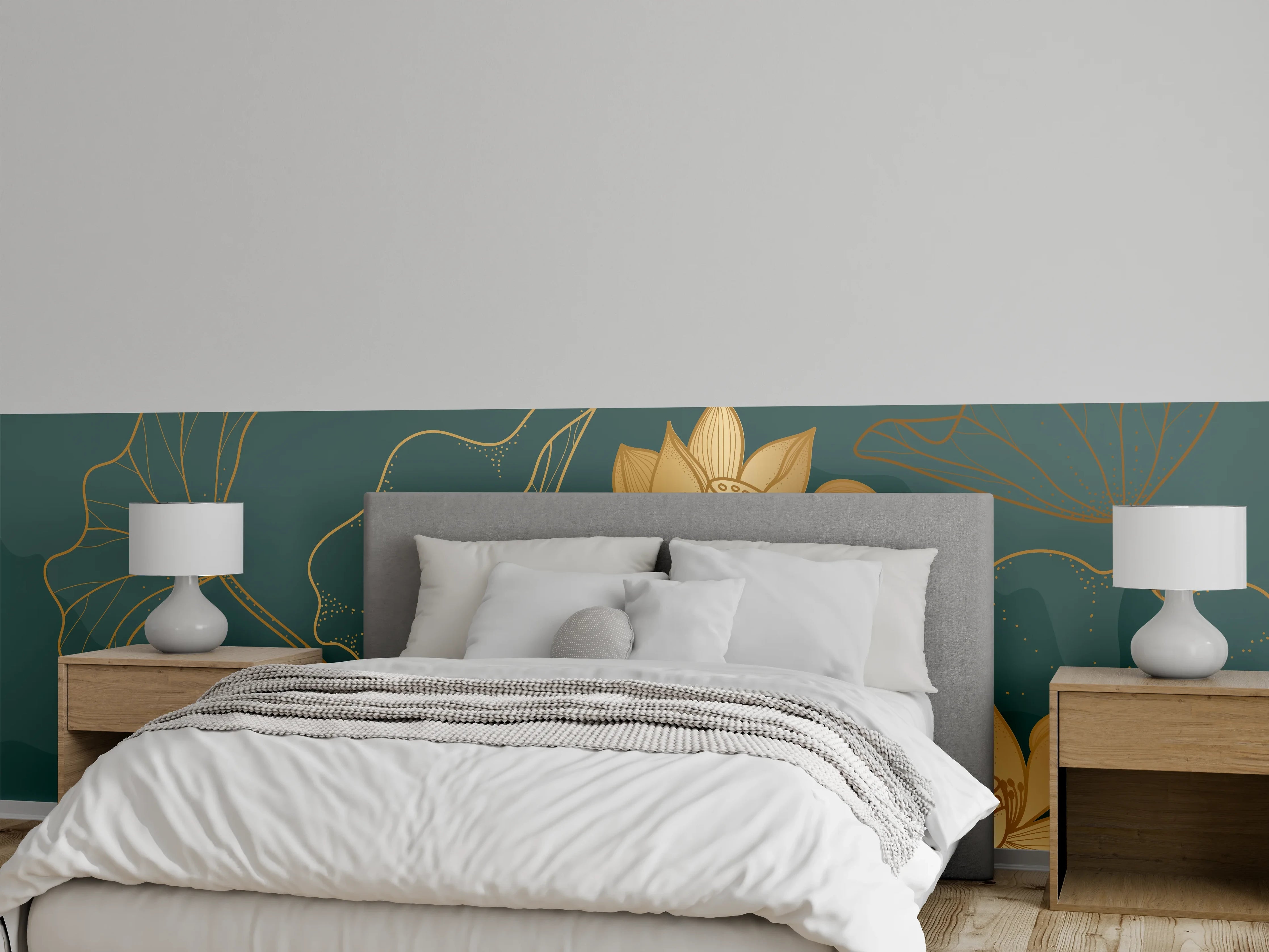 Wandverkleidung Schlafzimmer - Goldene Lotus Linienzeichnung