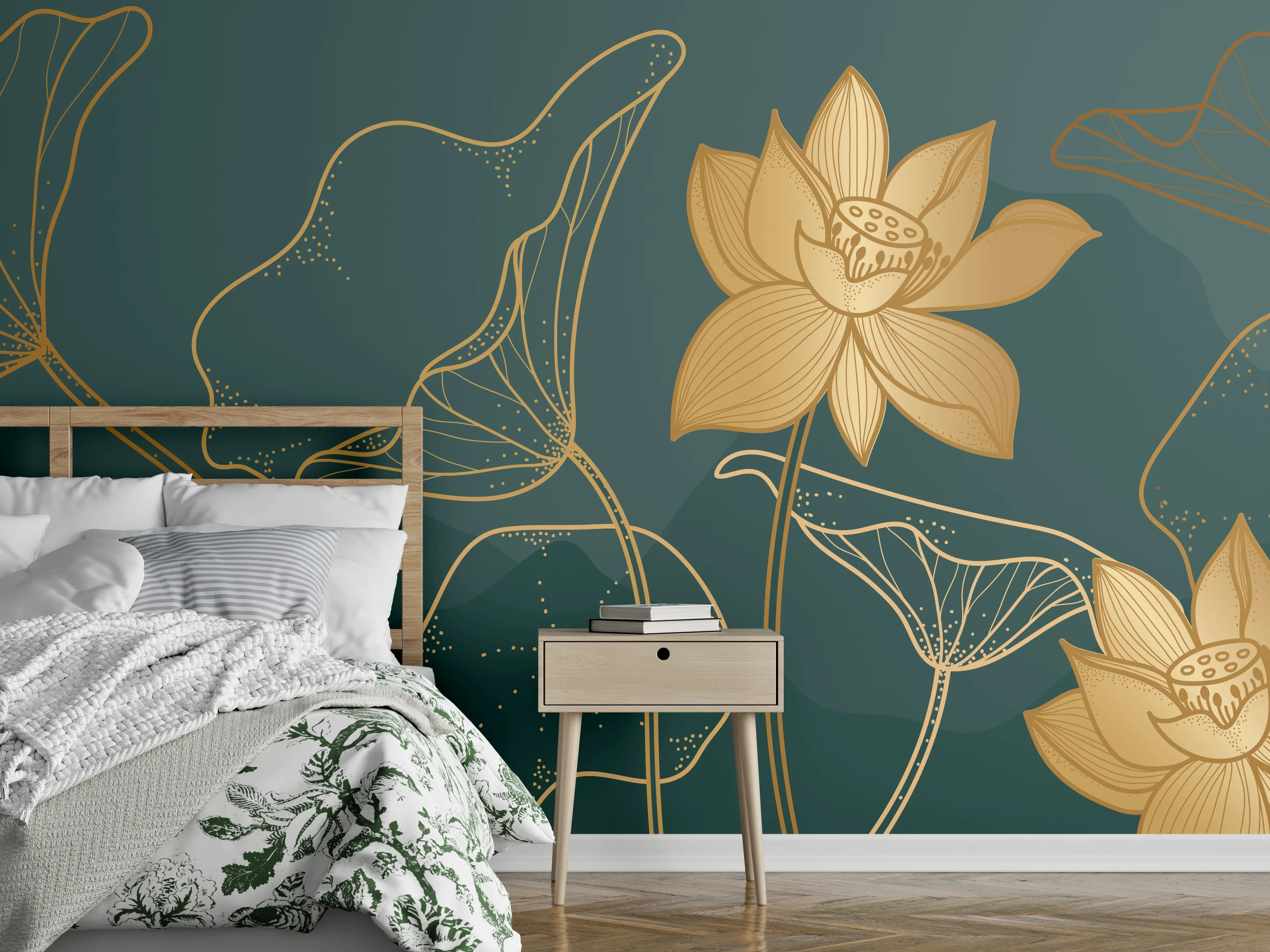 Wandverkleidung Schlafzimmer - Goldene Lotus Linienzeichnung