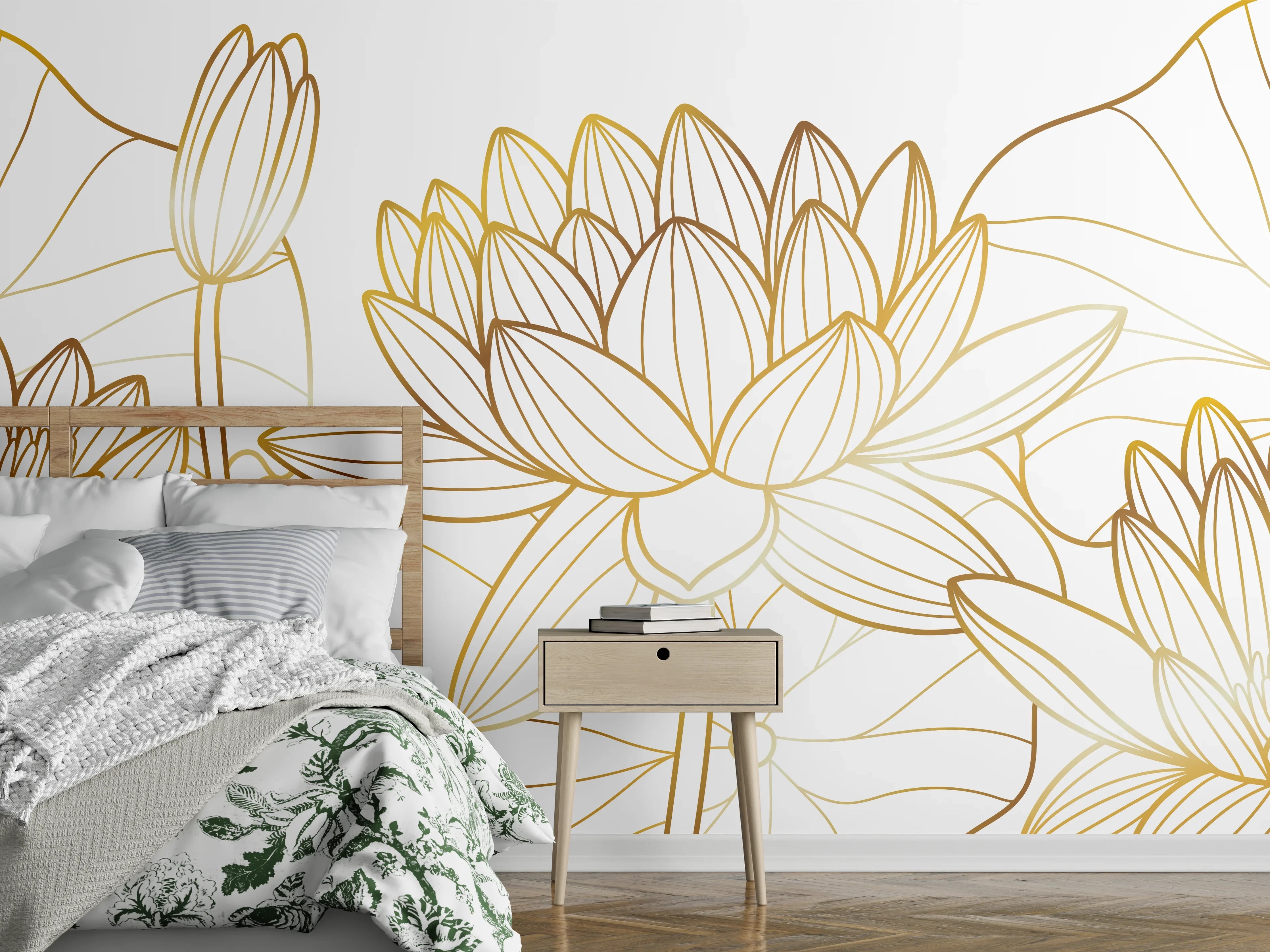 Wandverkleidung Schlafzimmer - Goldene Lotusblüte Zeichnung