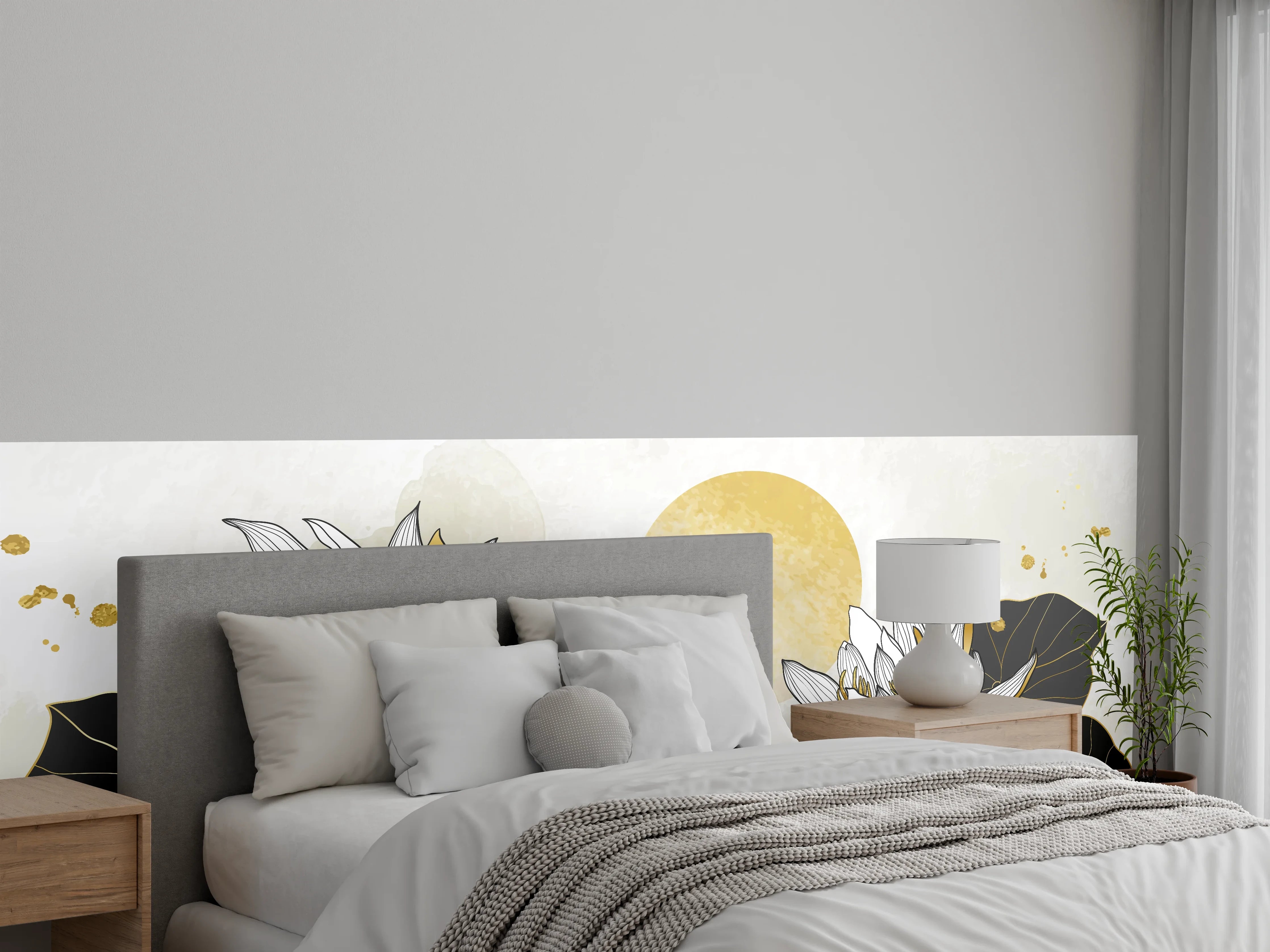 Wandverkleidung Schlafzimmer - Goldene Lotusblüten Illustration