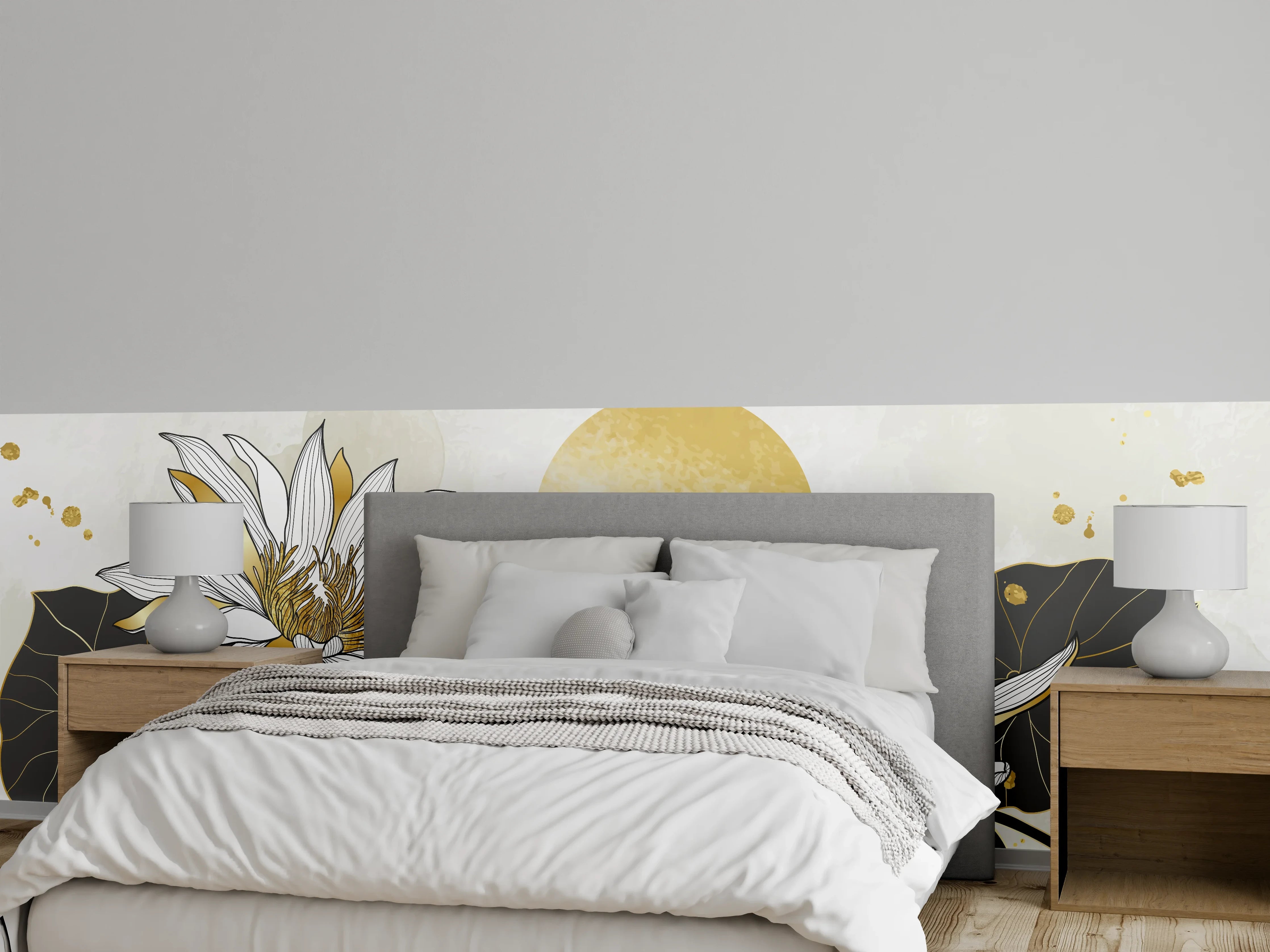 Wandverkleidung Schlafzimmer - Goldene Lotusblüten Illustration