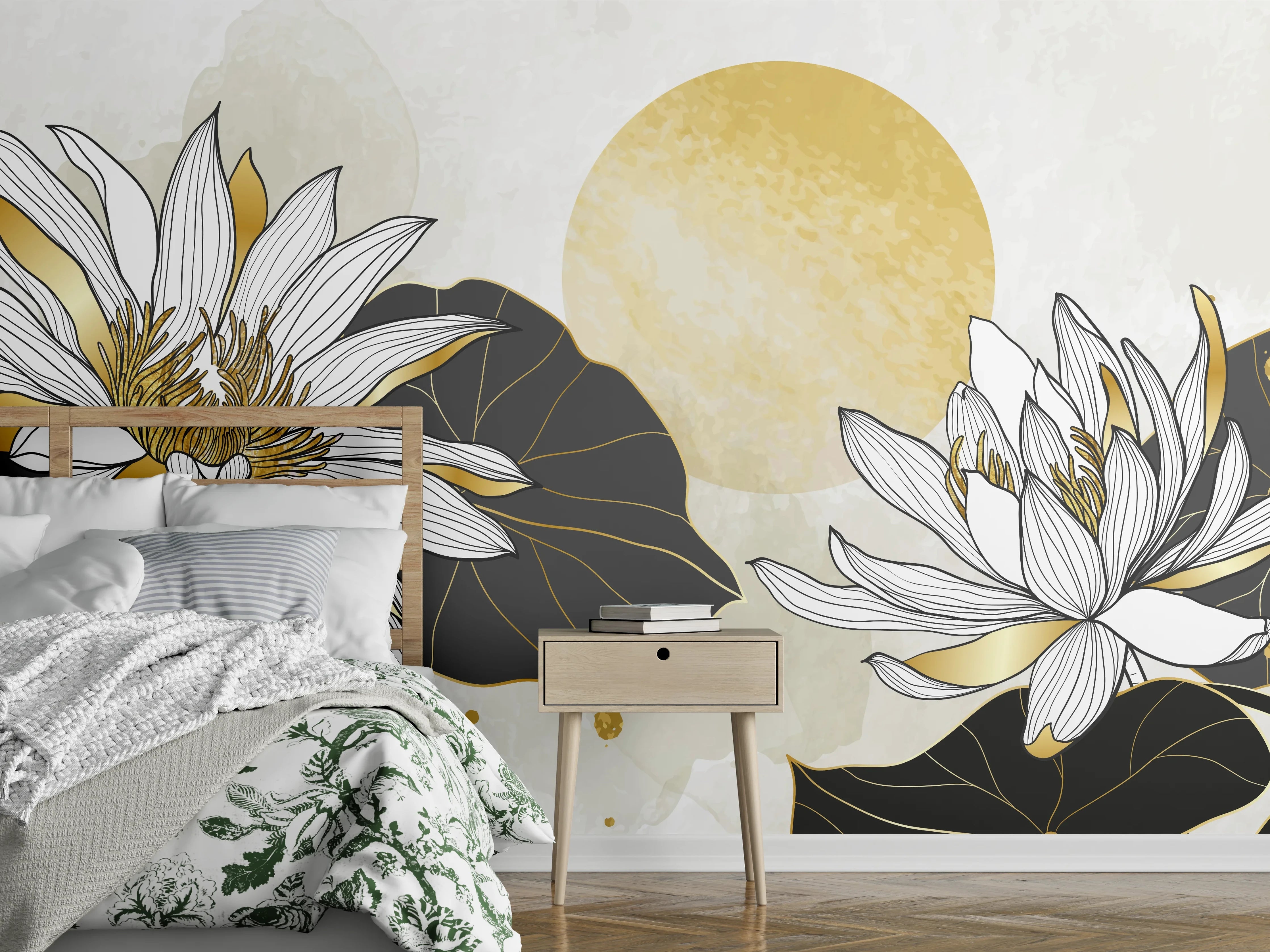 Wandverkleidung Schlafzimmer - Goldene Lotusblüten Illustration