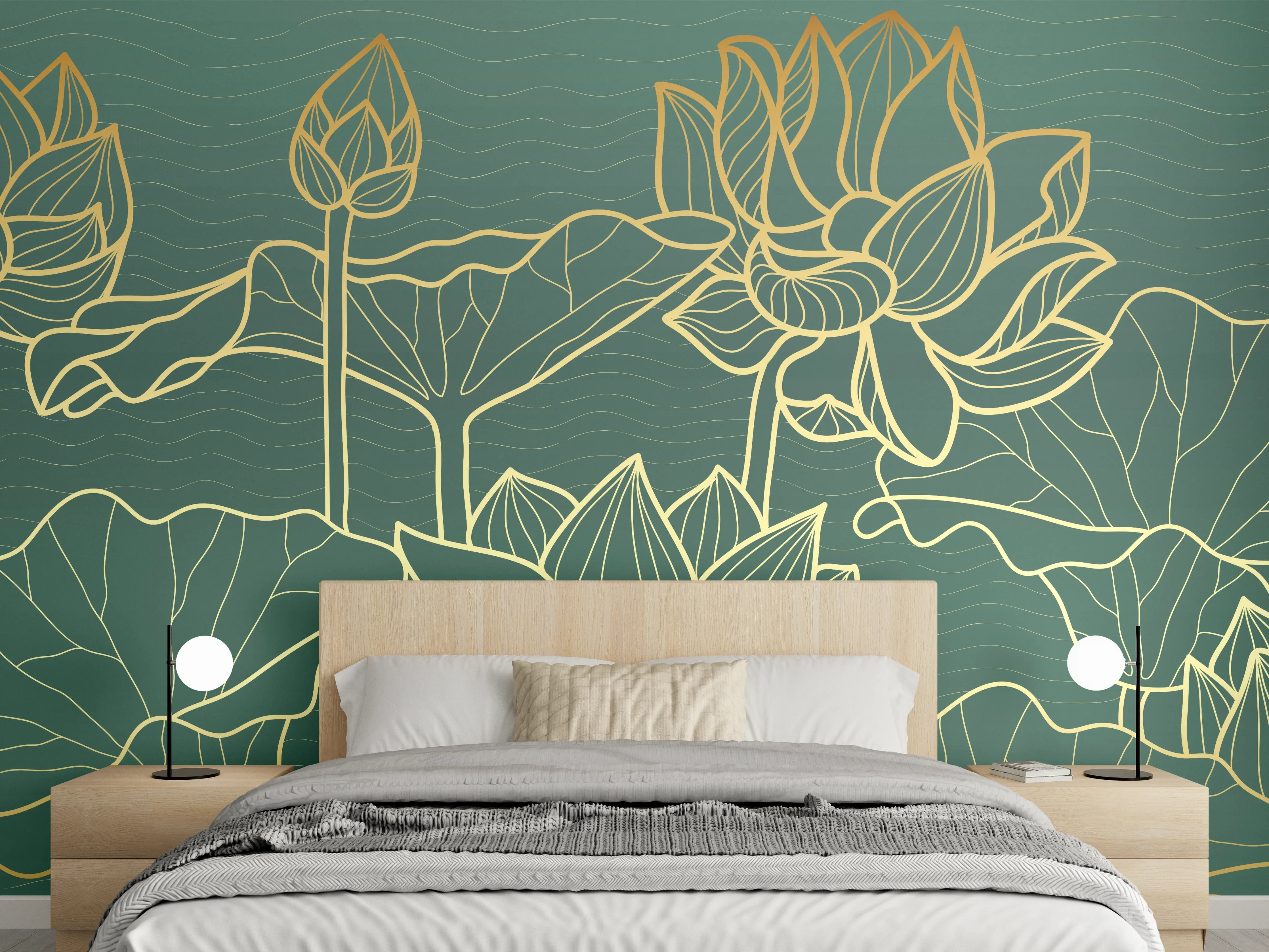 Wandverkleidung Schlafzimmer - Goldene Lotusblumen Kunstwerk