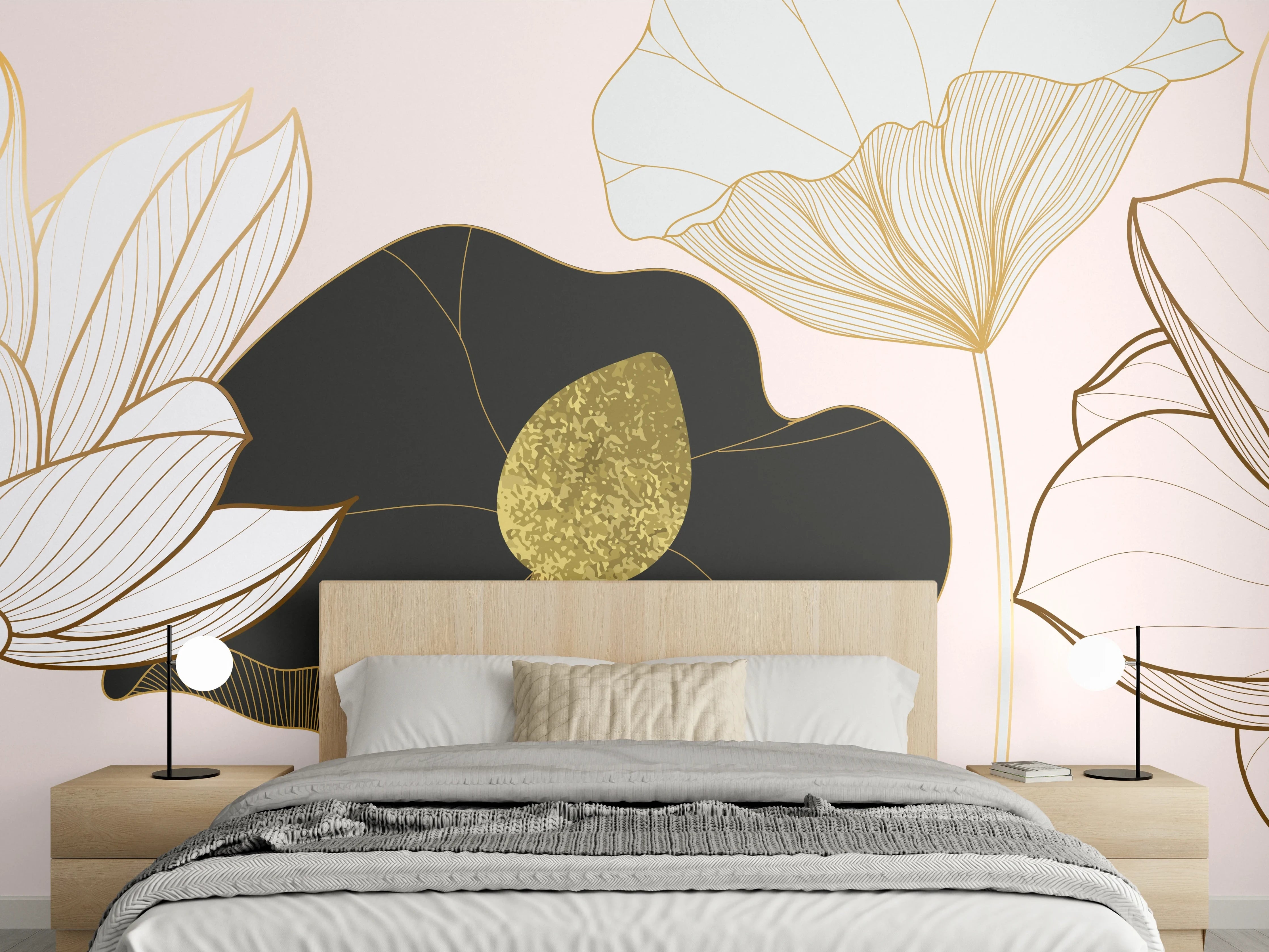 Wandverkleidung Schlafzimmer - Goldene Lotusblumen auf Schwarz