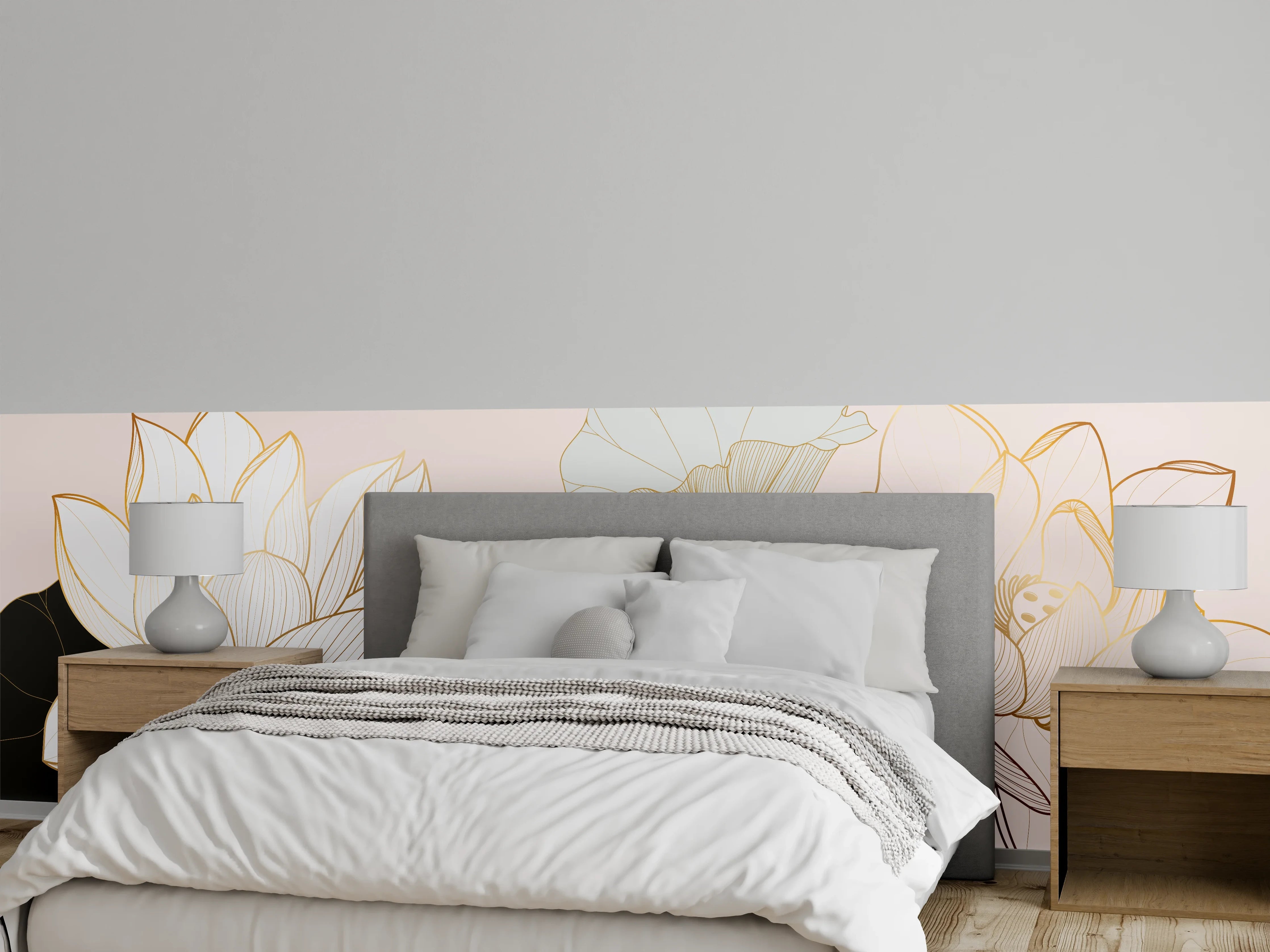 Wandverkleidung Schlafzimmer - Goldene Lotusblumen auf Schwarz