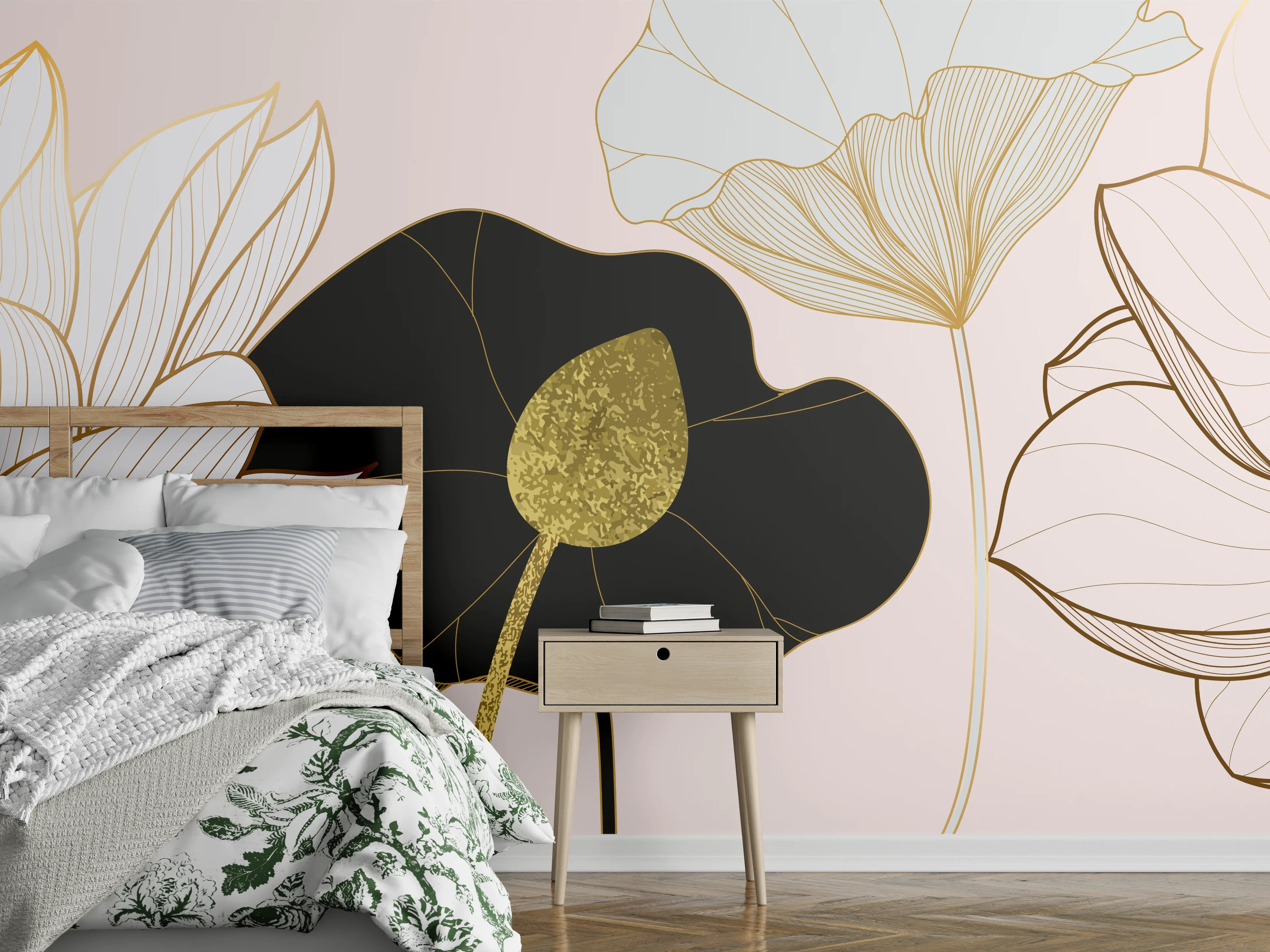 Wandverkleidung Schlafzimmer - Goldene Lotusblumen auf Schwarz