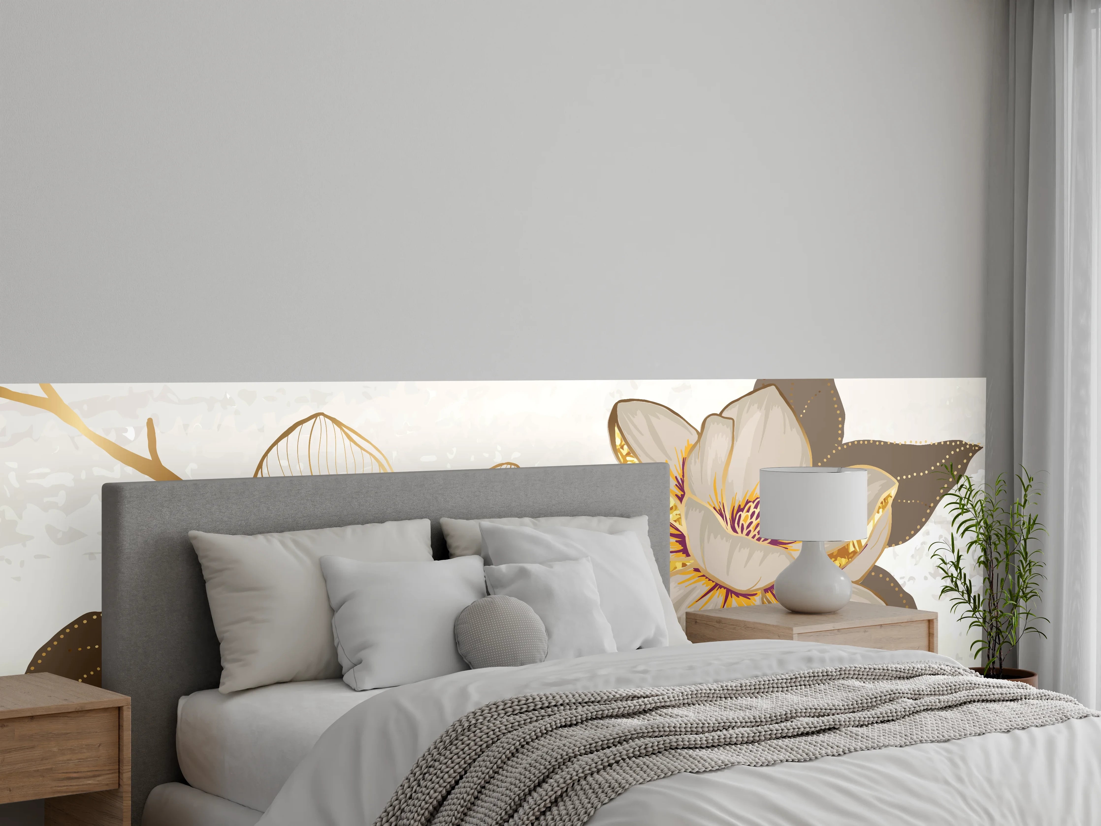 Wandverkleidung Schlafzimmer - Goldene Magnolien Kunst-Design