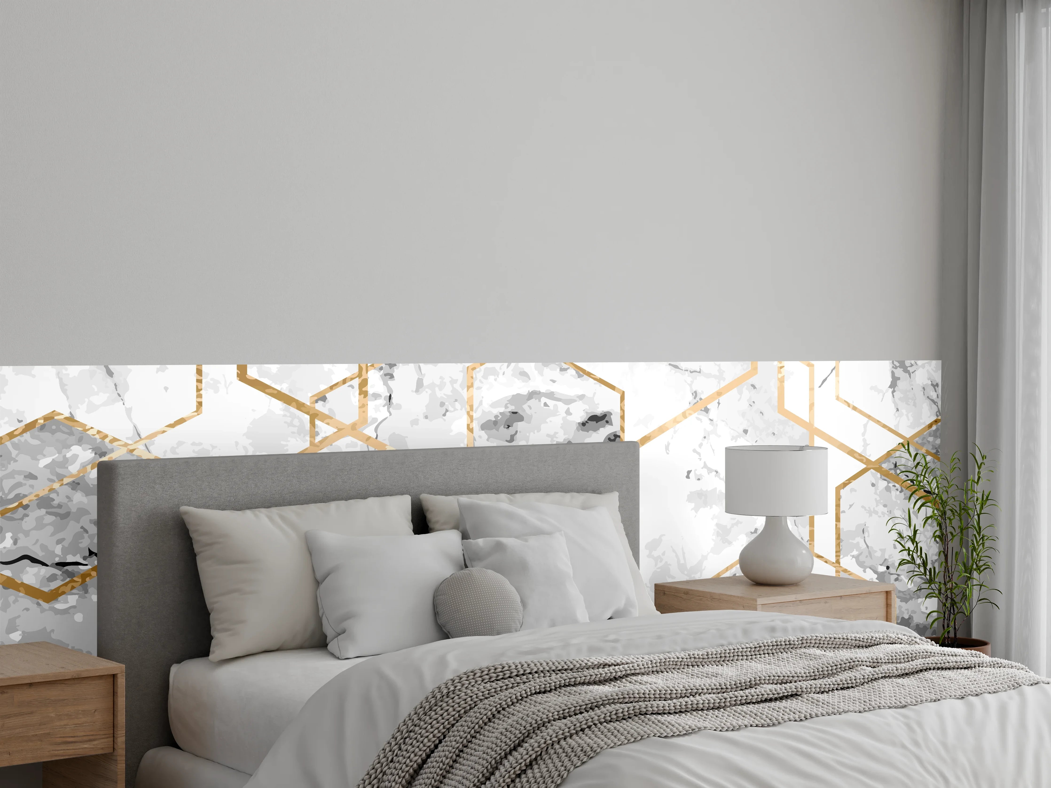 Wandverkleidung Schlafzimmer - Goldene Marmor-Hexagon-Muster in Weiß-Grau