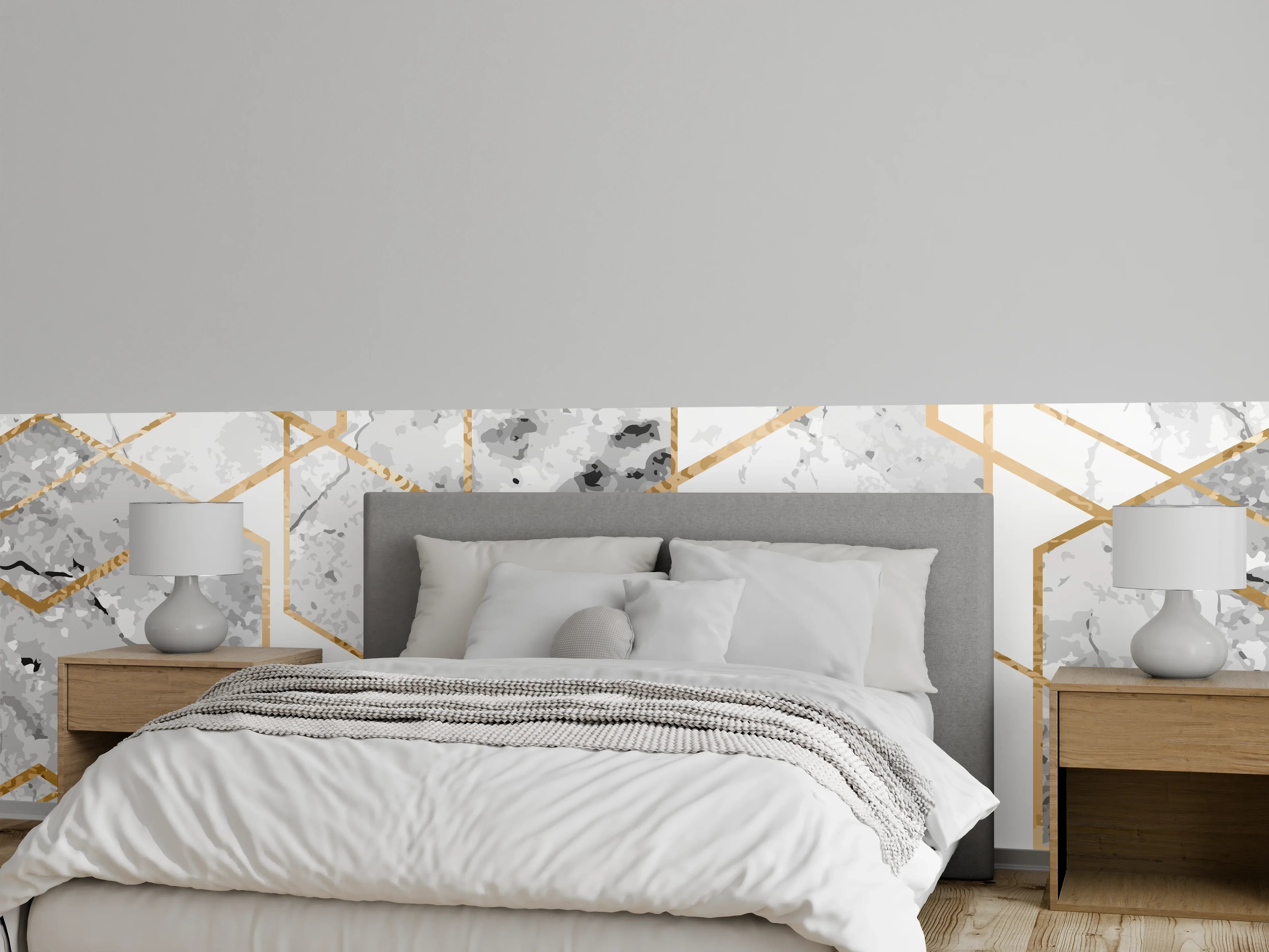 Wandverkleidung Schlafzimmer - Goldene Marmor-Hexagon-Muster in Weiß-Grau