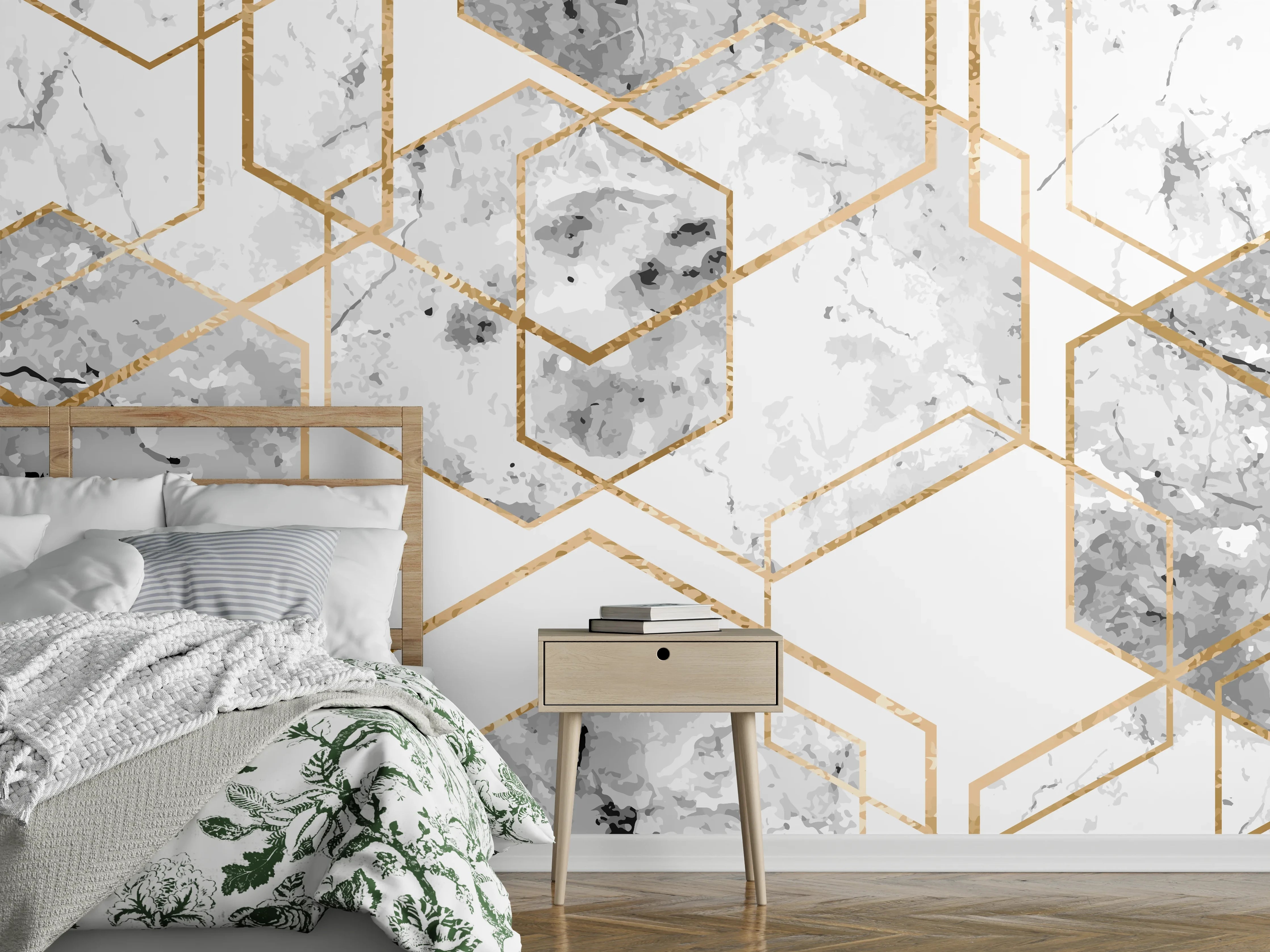Wandverkleidung Schlafzimmer - Goldene Marmor-Hexagon-Muster in Weiß-Grau