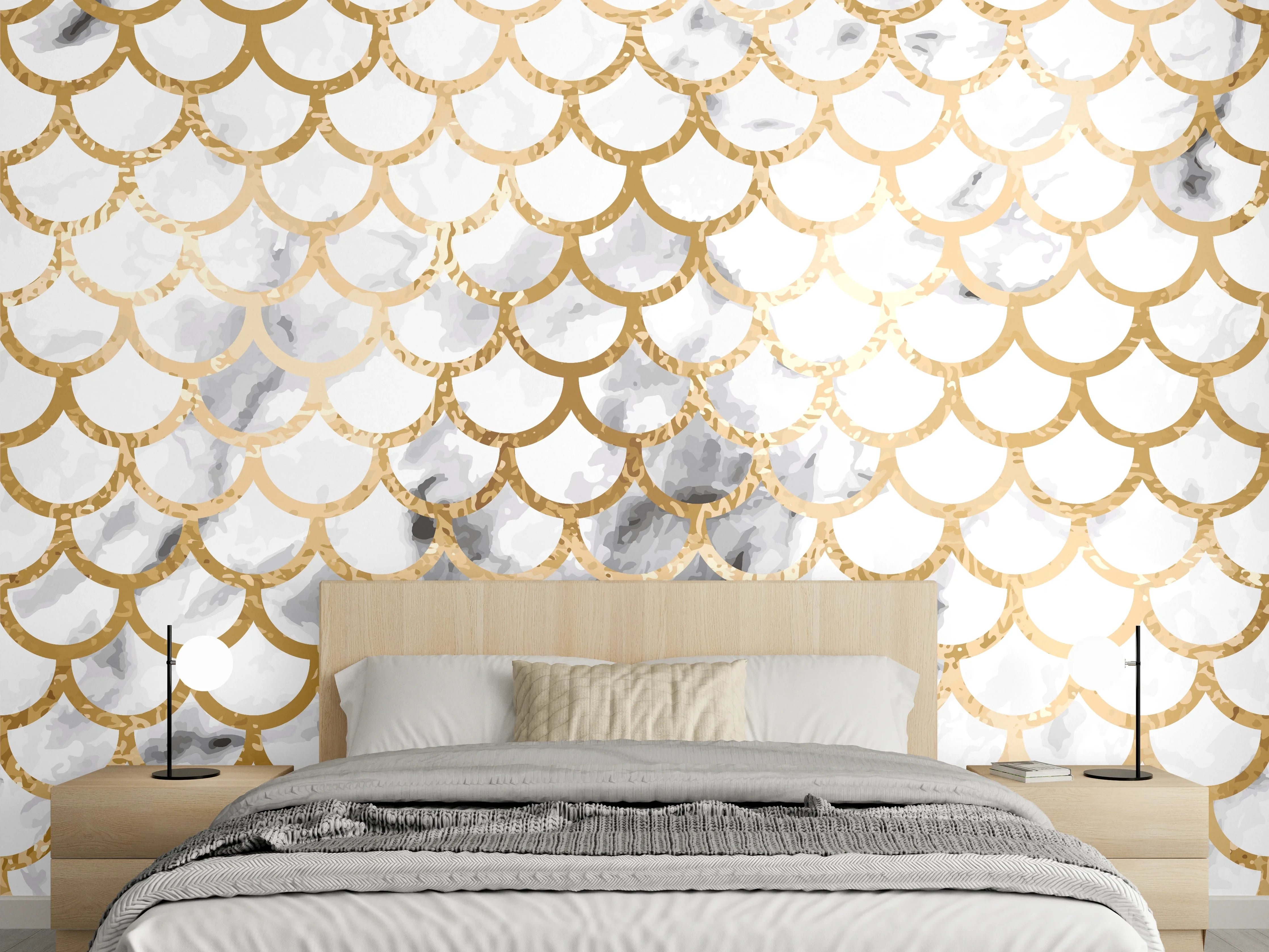 Wandverkleidung Schlafzimmer - Goldene Marmor-Schuppen Weiß Grau Wanddesign