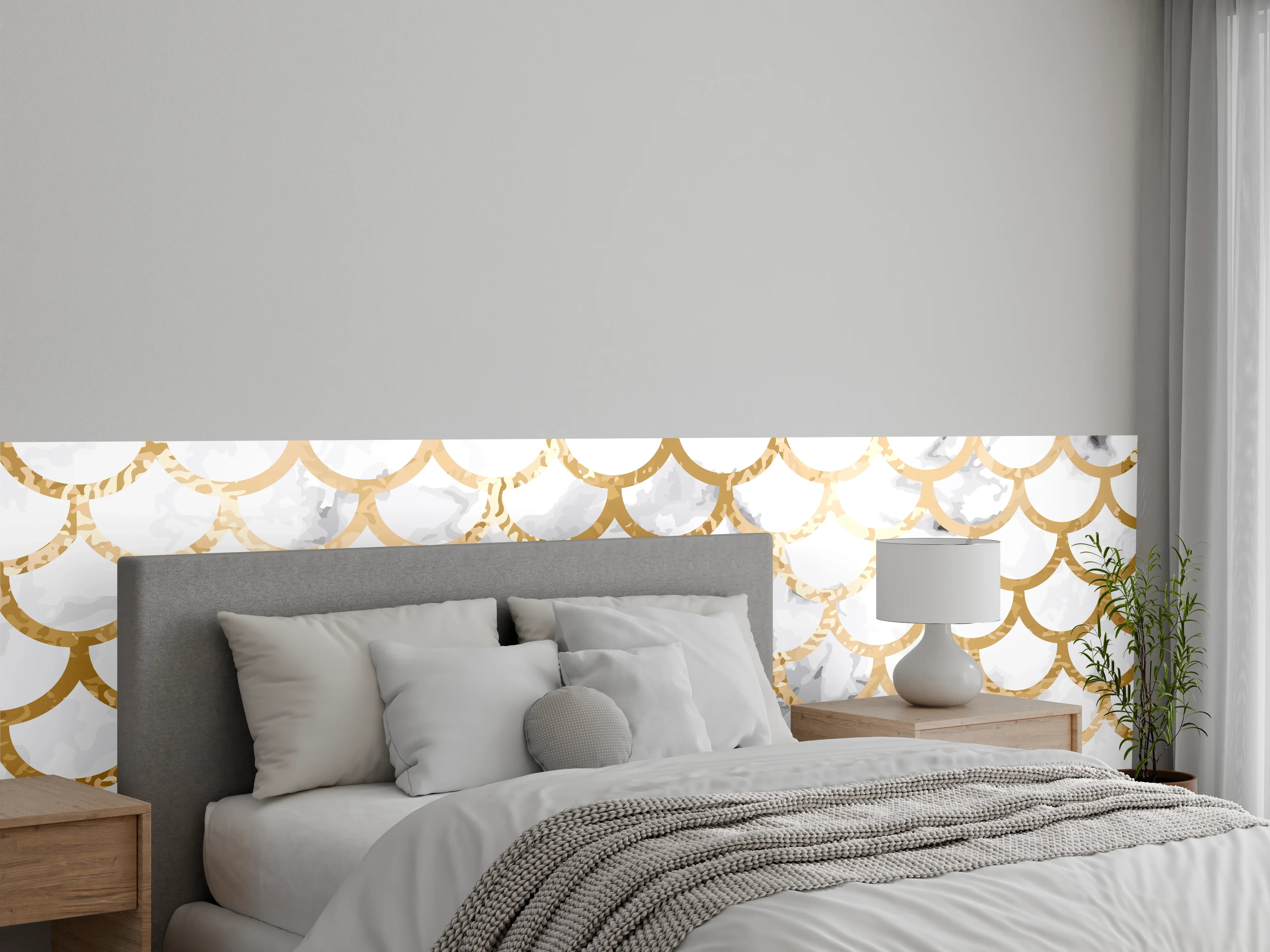 Wandverkleidung Schlafzimmer - Goldene Marmor-Schuppen Weiß Grau Wanddesign