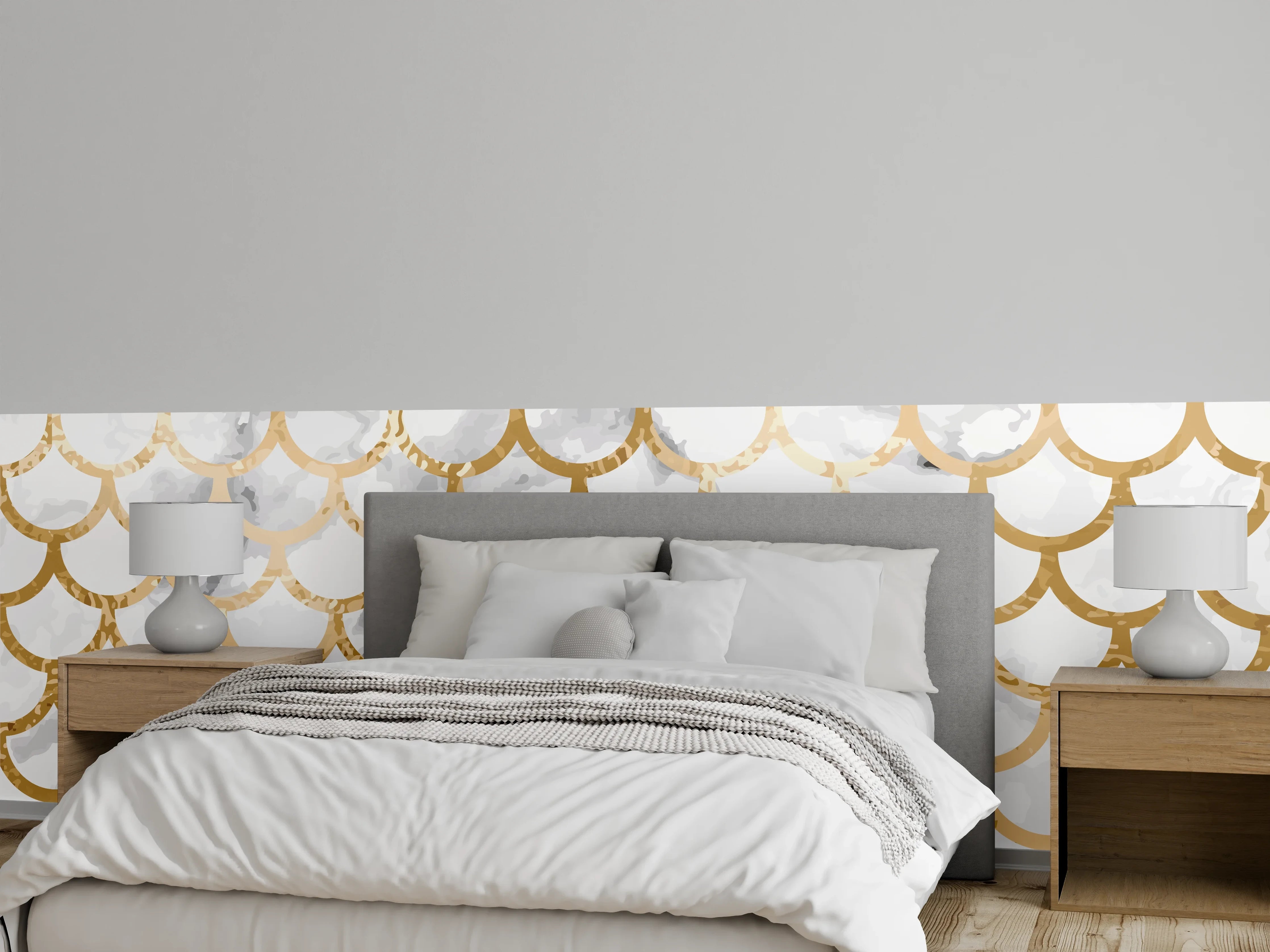 Wandverkleidung Schlafzimmer - Goldene Marmor-Schuppen Weiß Grau Wanddesign