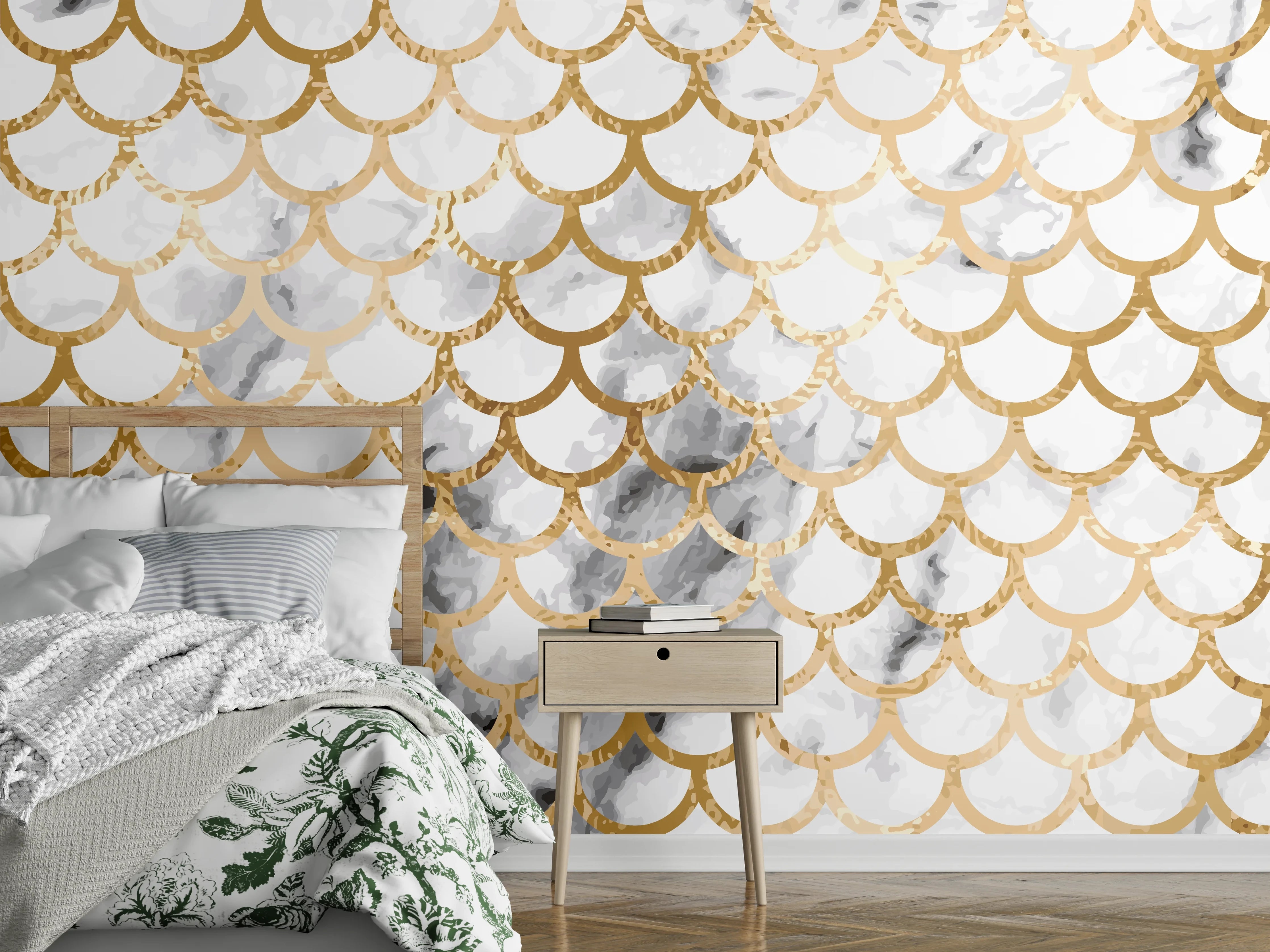 Wandverkleidung Schlafzimmer - Goldene Marmor-Schuppen Weiß Grau Wanddesign