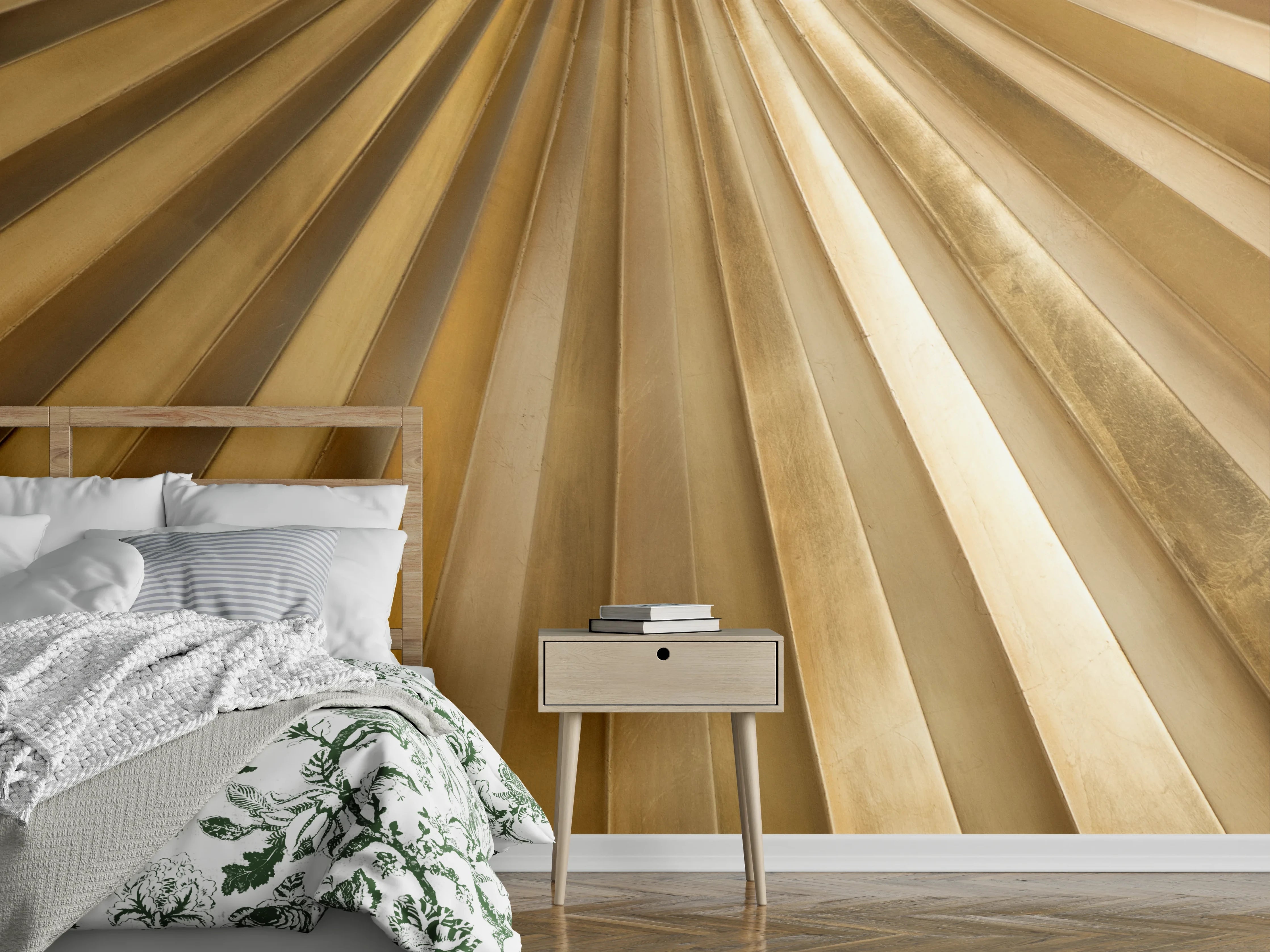 Wandverkleidung Schlafzimmer - Goldene Metallfächer Wanddeko