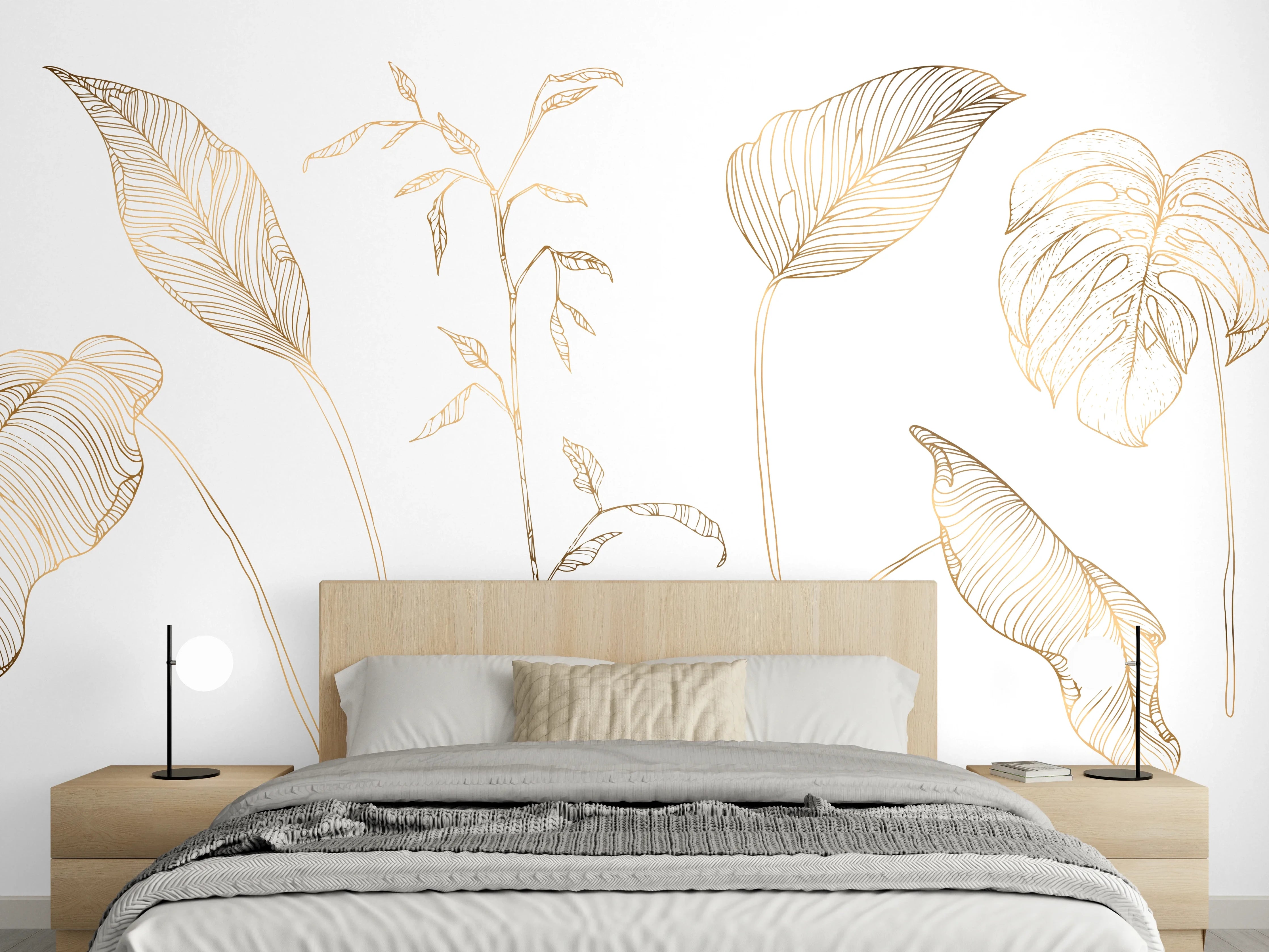 Wandverkleidung Schlafzimmer - Goldene Pflanzenlinien Zeichnung