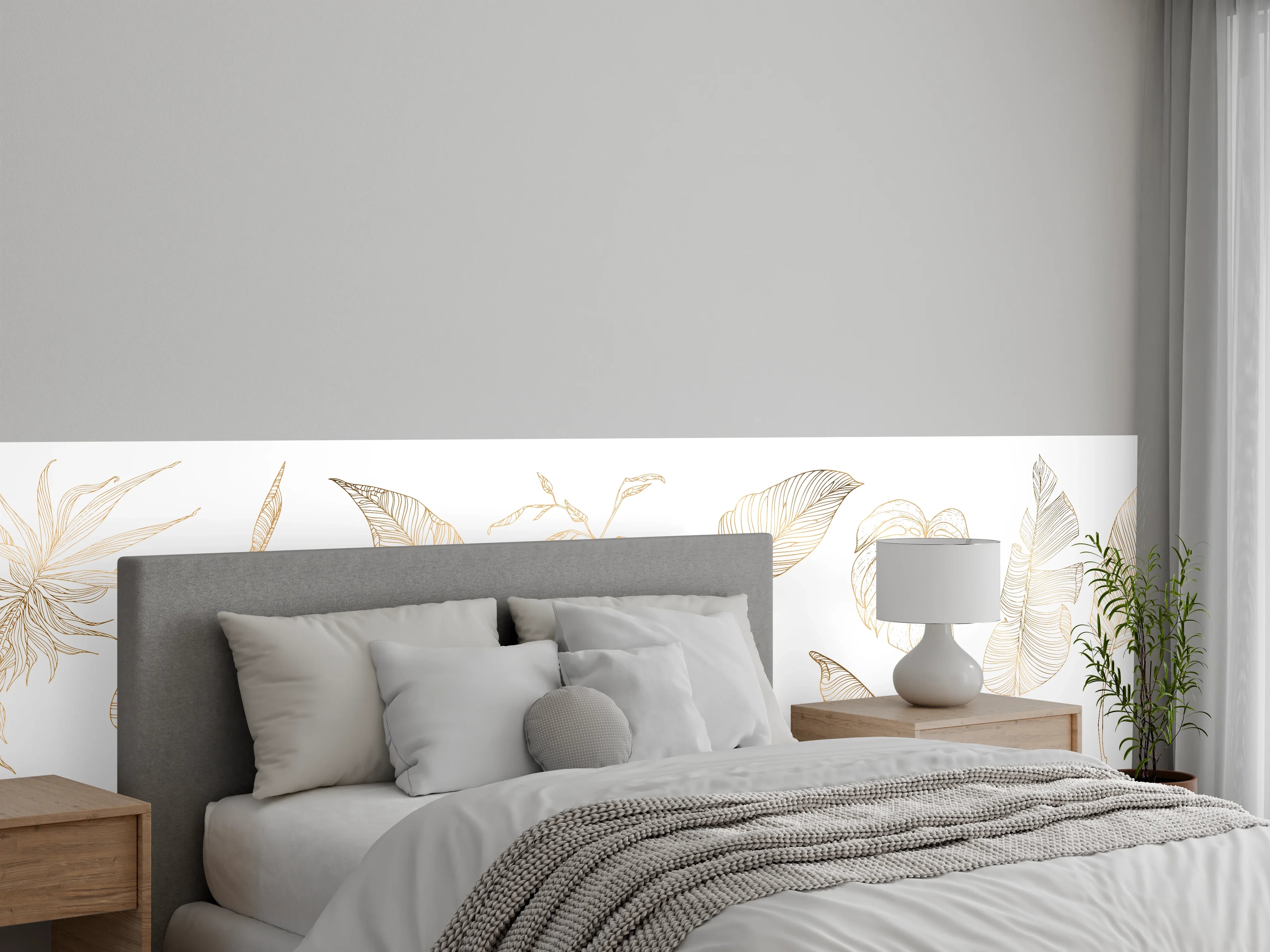 Wandverkleidung Schlafzimmer - Goldene Pflanzenlinien Zeichnung