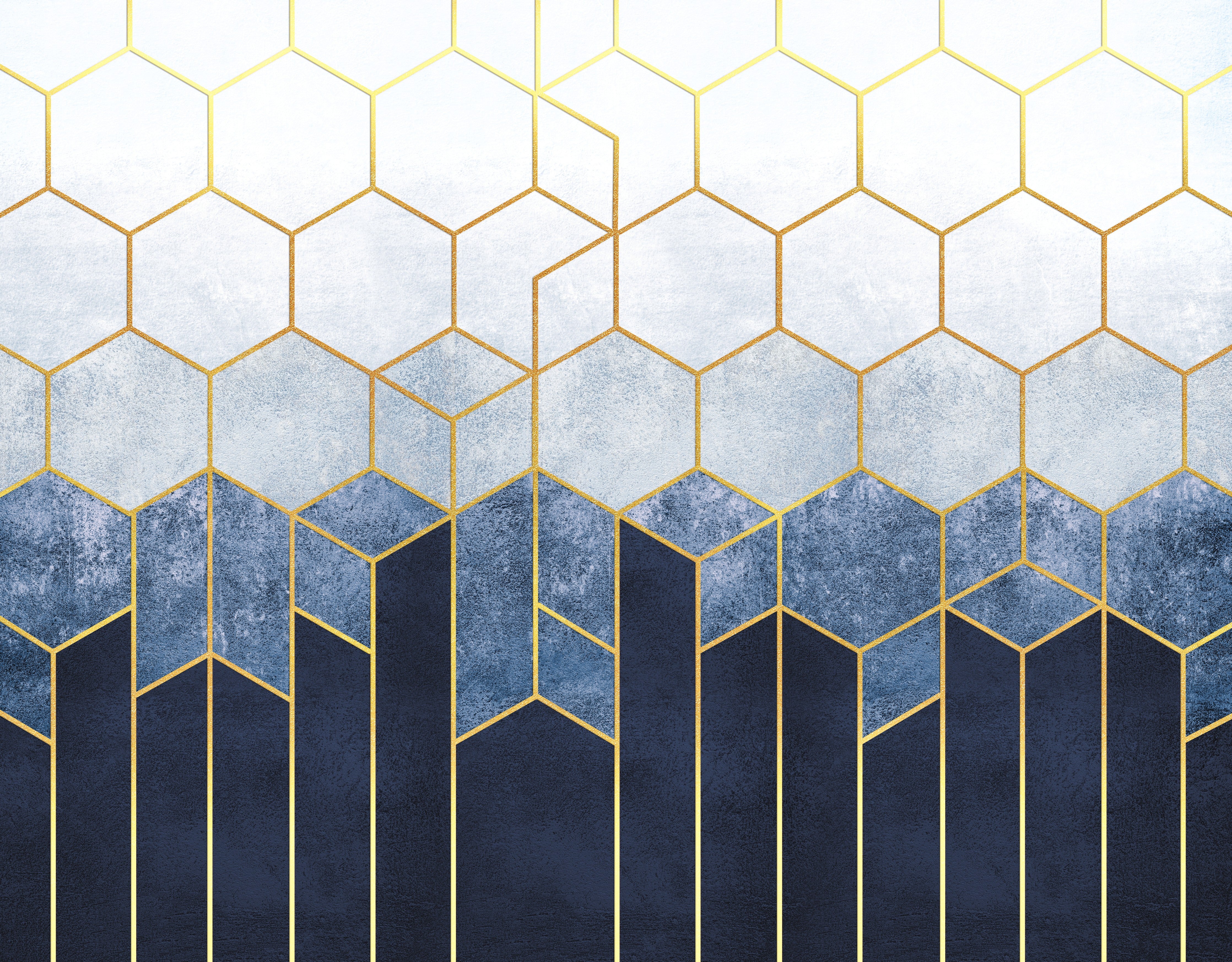 Wandverkleidung Schlafzimmer-Goldene Wabenstruktur auf Blau-Weiß