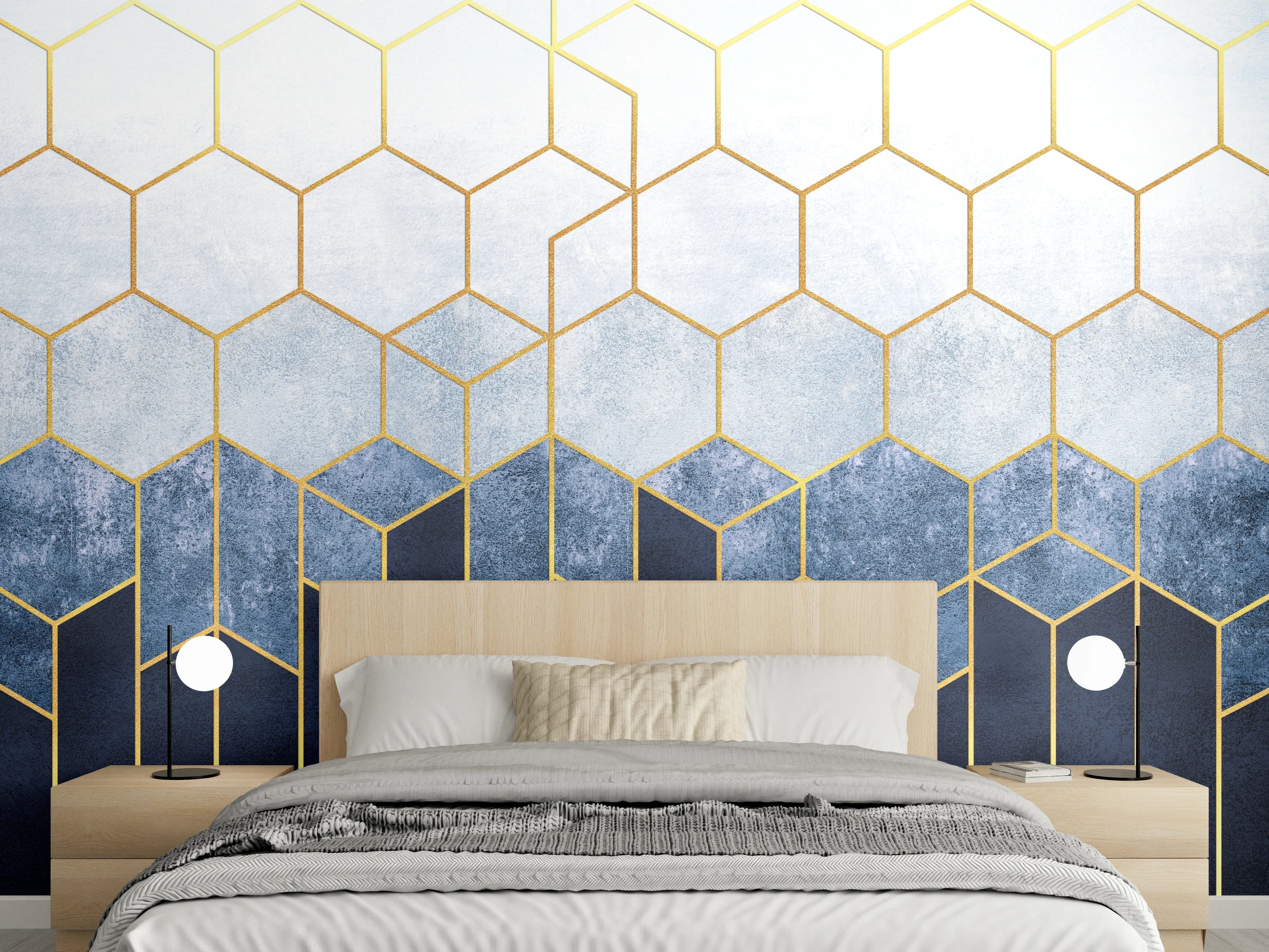 Wandverkleidung Schlafzimmer - Goldene Wabenstruktur auf Blau-Weiß