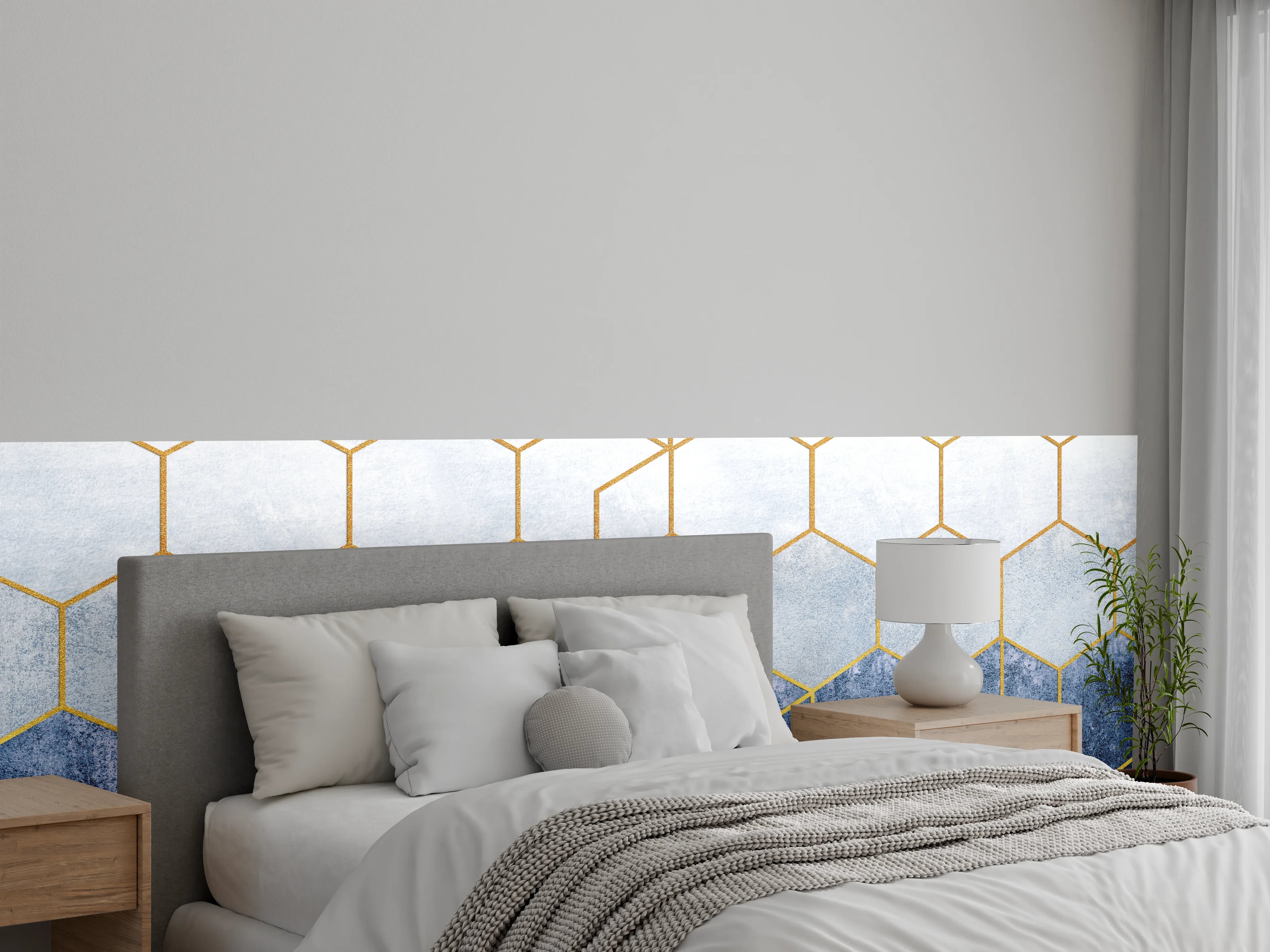 Wandverkleidung Schlafzimmer - Goldene Wabenstruktur auf Blau-Weiß