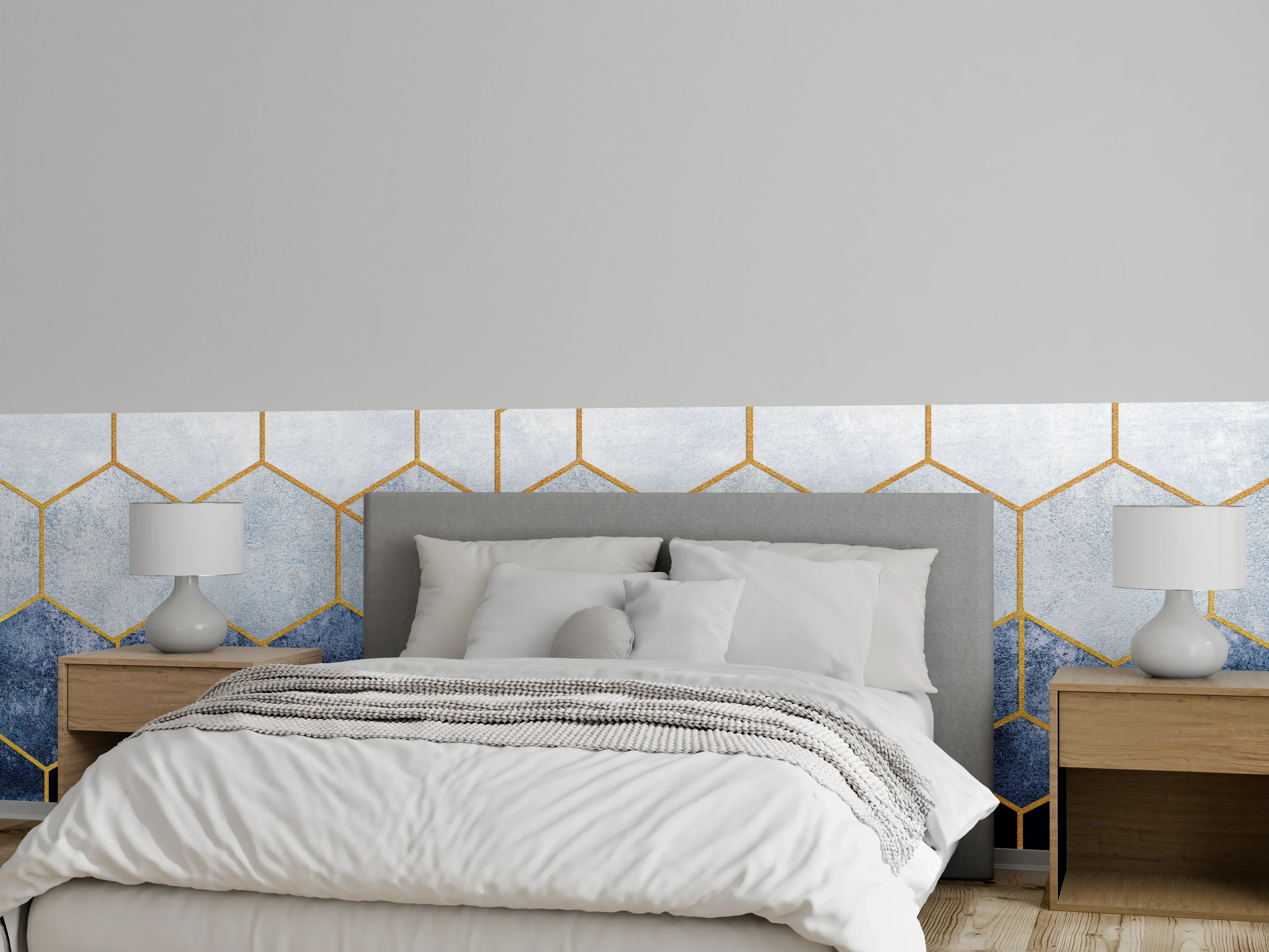 Wandverkleidung Schlafzimmer - Goldene Wabenstruktur auf Blau-Weiß