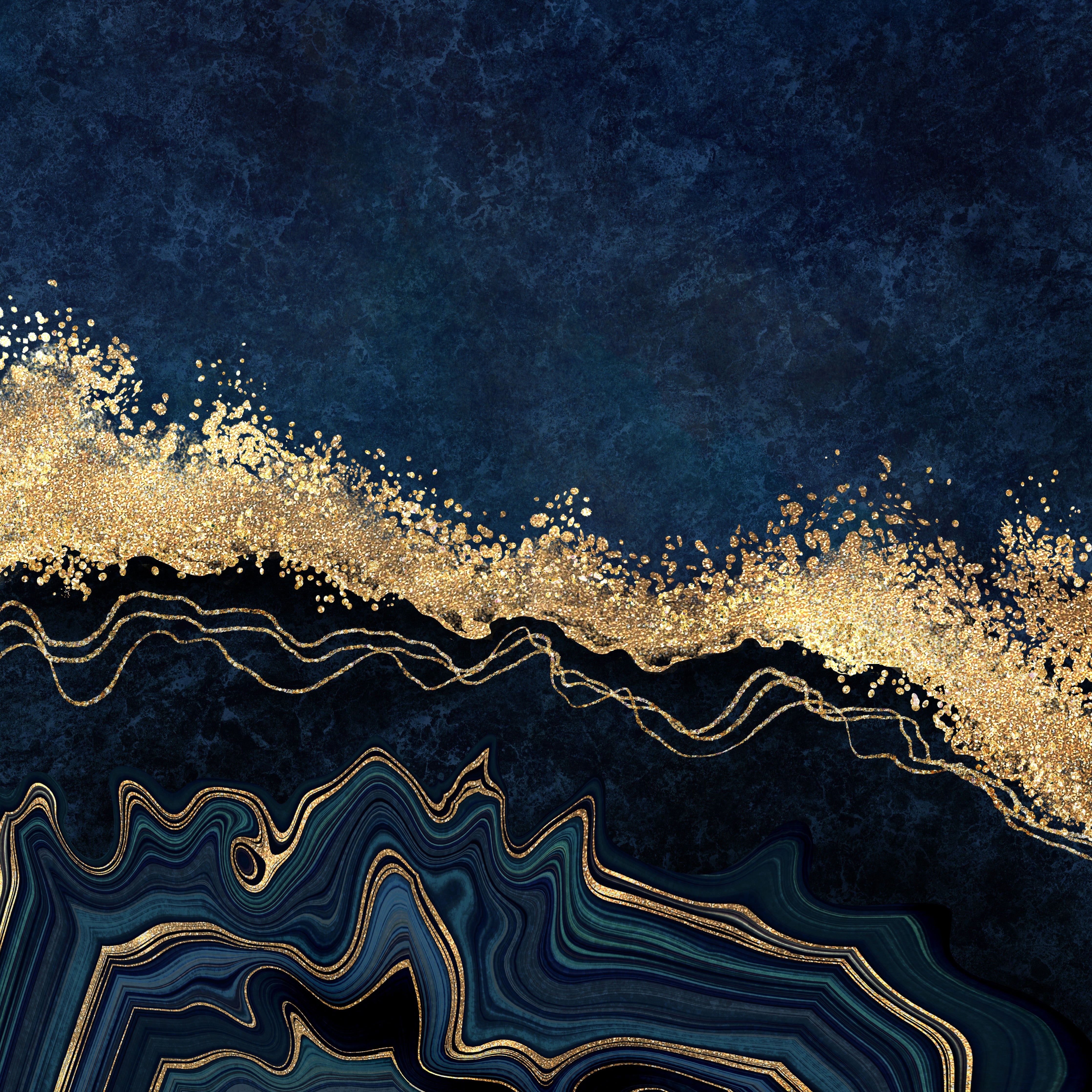 Wandverkleidung Schlafzimmer-Goldene Welle auf dunklem Marmor