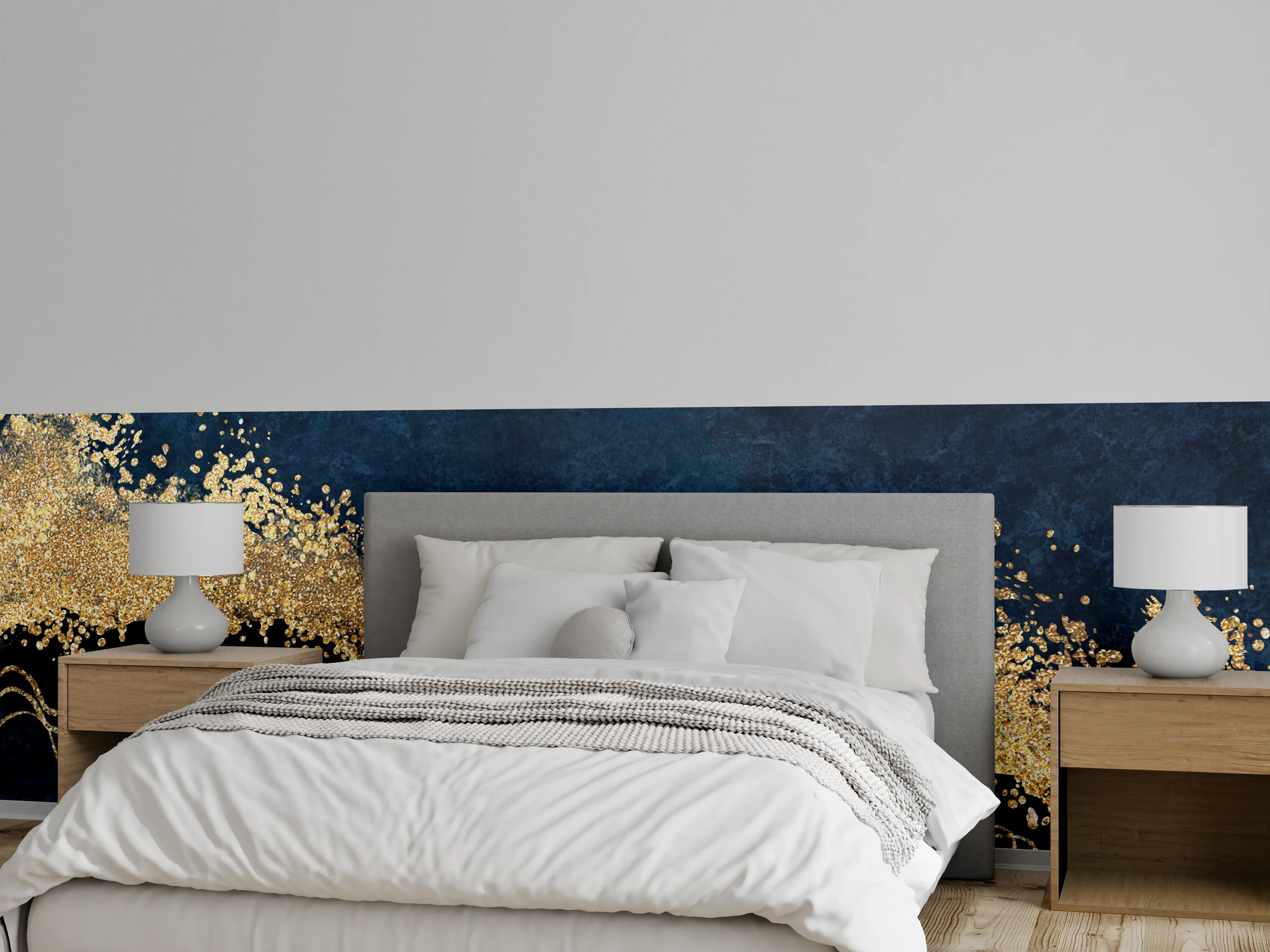 Wandverkleidung Schlafzimmer - Goldene Welle auf dunklem Marmor