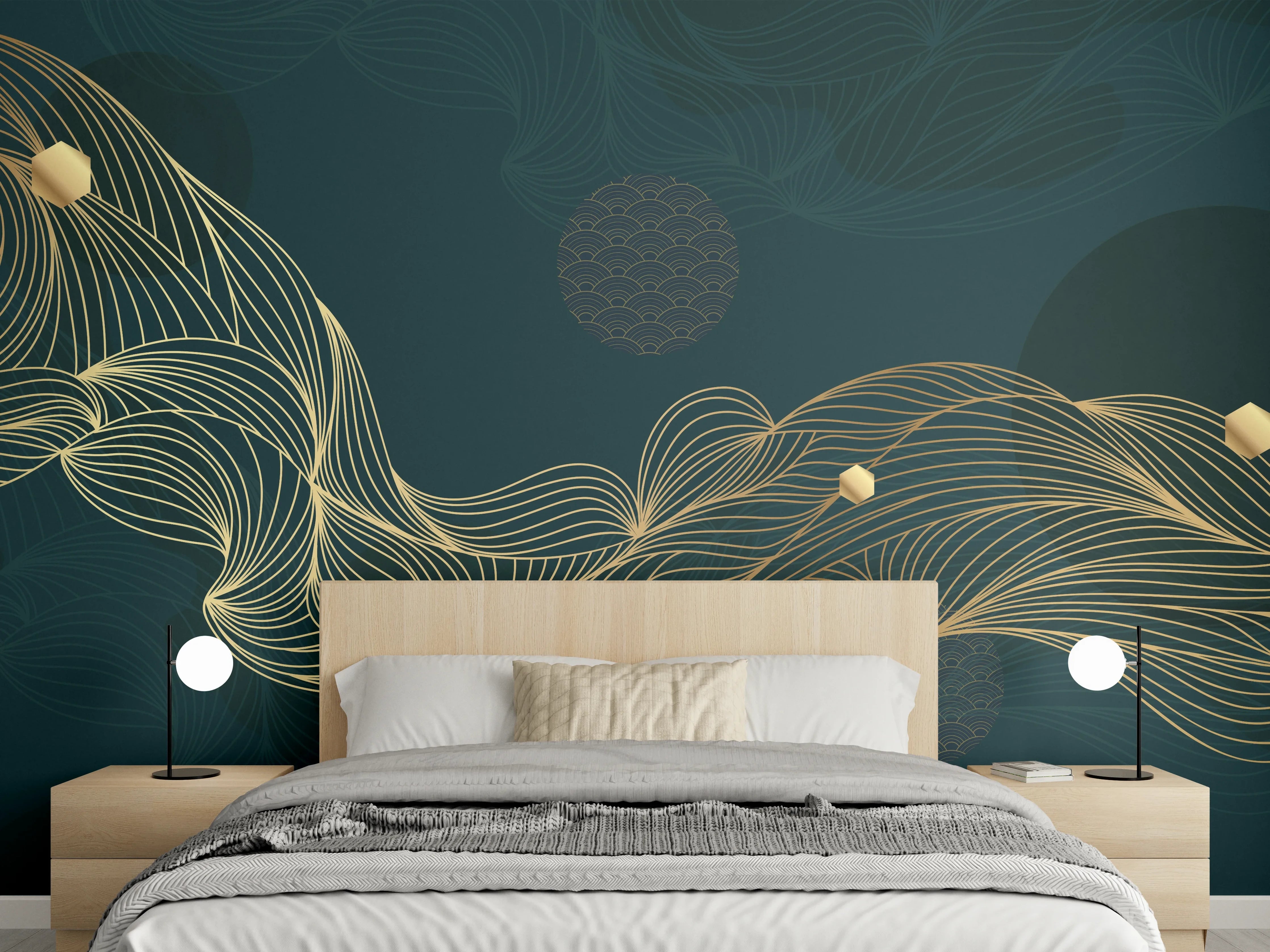 Wandverkleidung Schlafzimmer - Goldene Wellenlinien auf Dunkelblau
