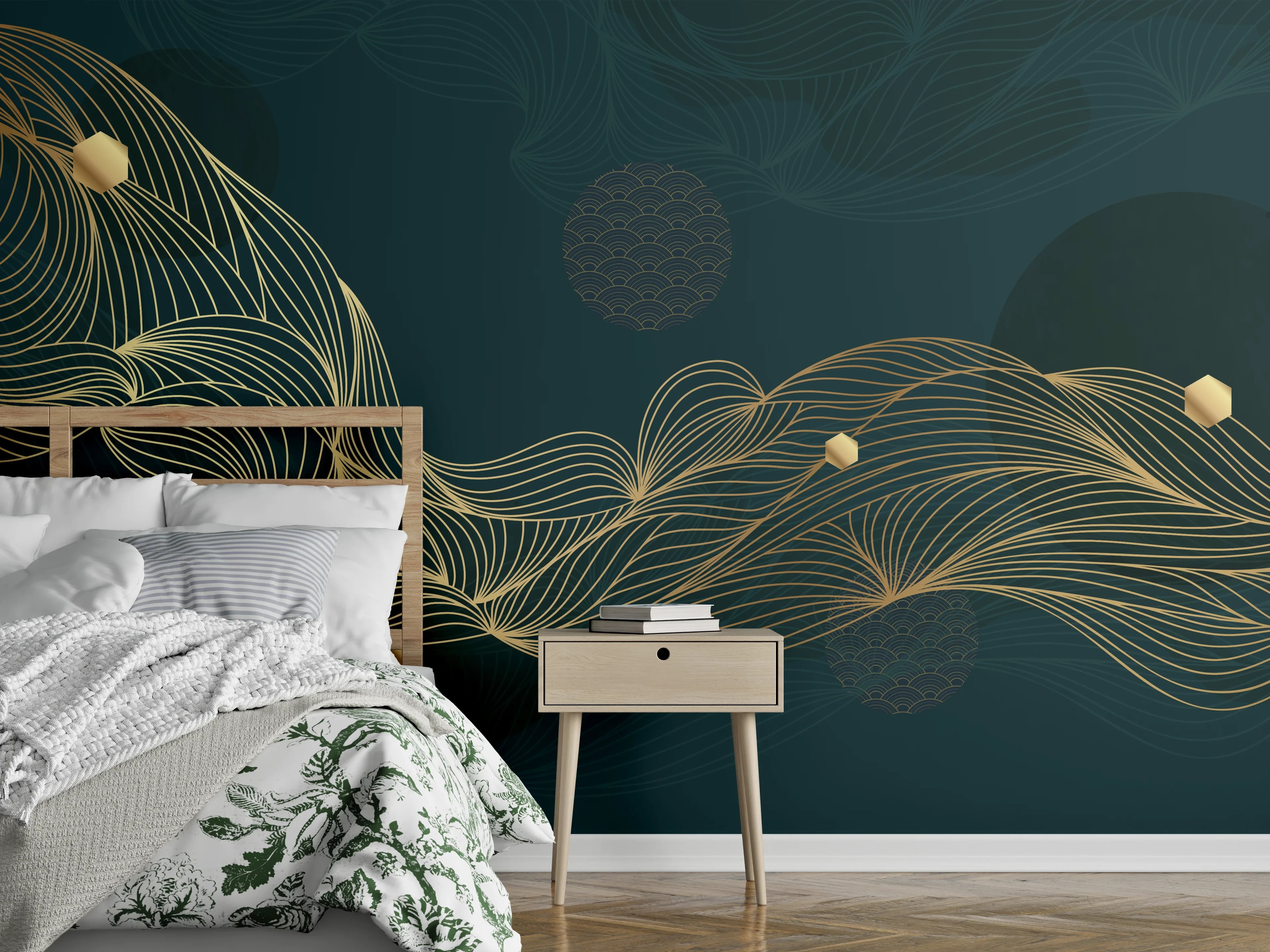 Wandverkleidung Schlafzimmer - Goldene Wellenlinien auf Dunkelblau