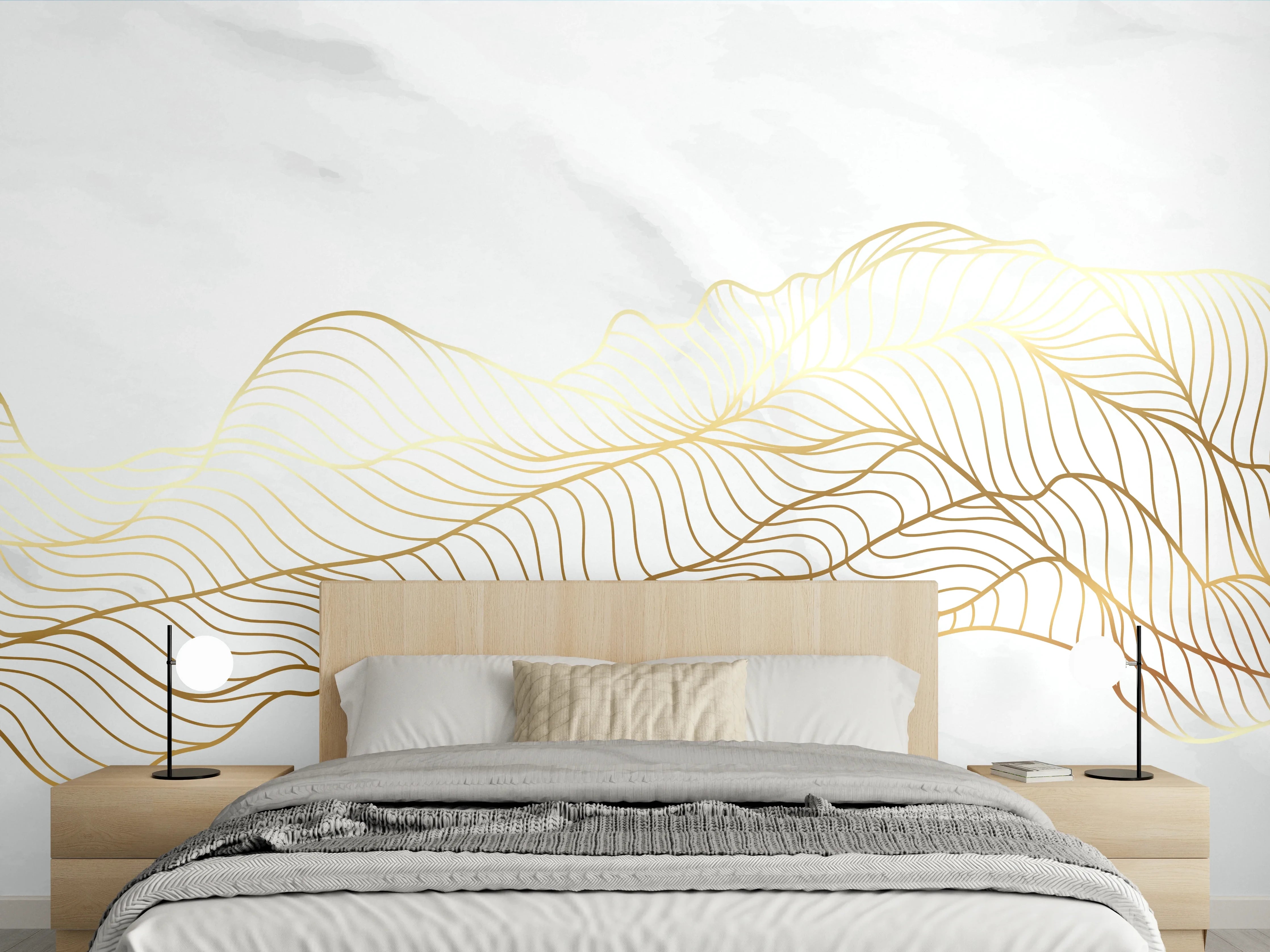 Wandverkleidung Schlafzimmer - Goldene Wellenlinien auf Marmor