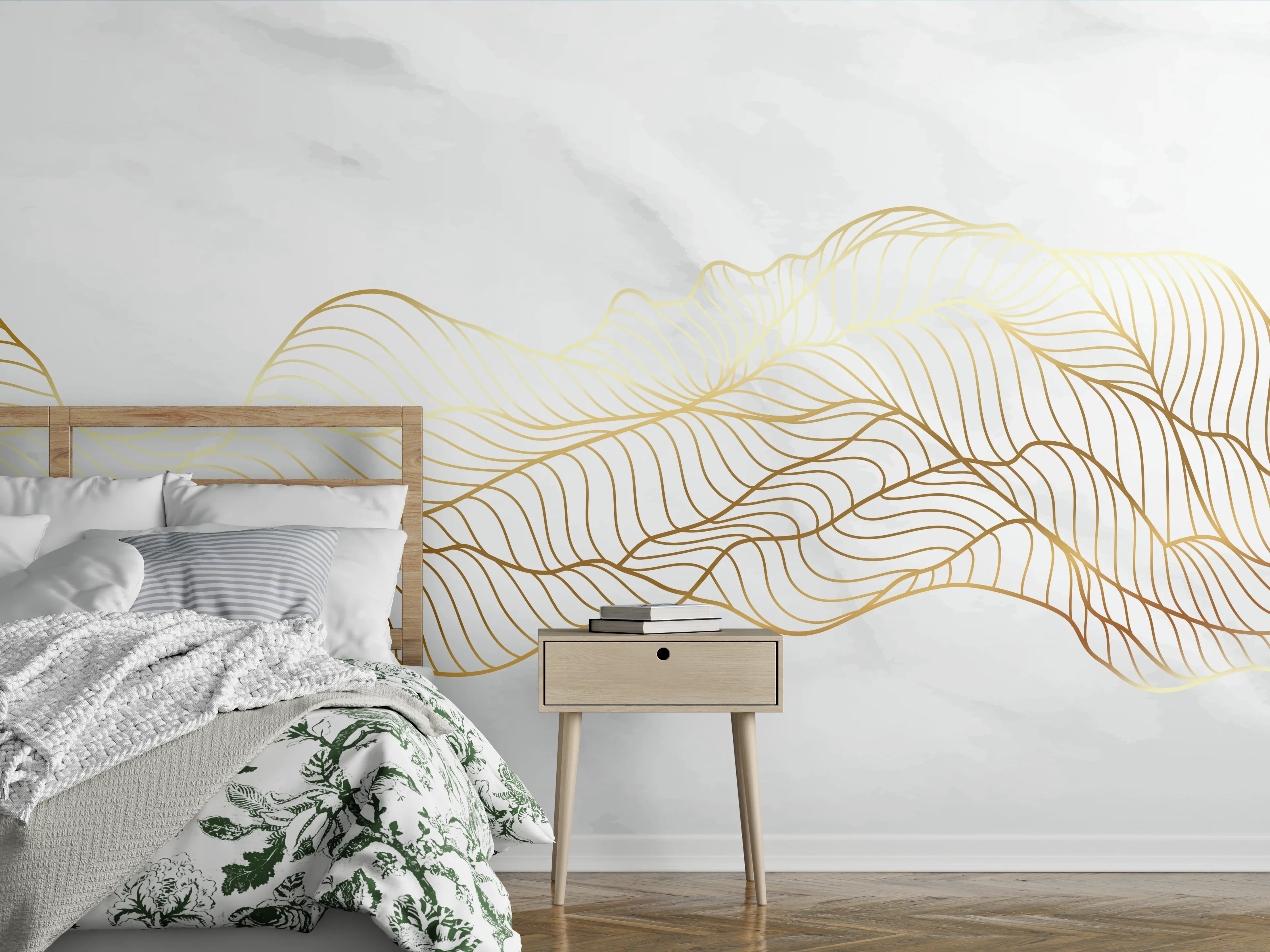Wandverkleidung Schlafzimmer - Goldene Wellenlinien auf Marmor