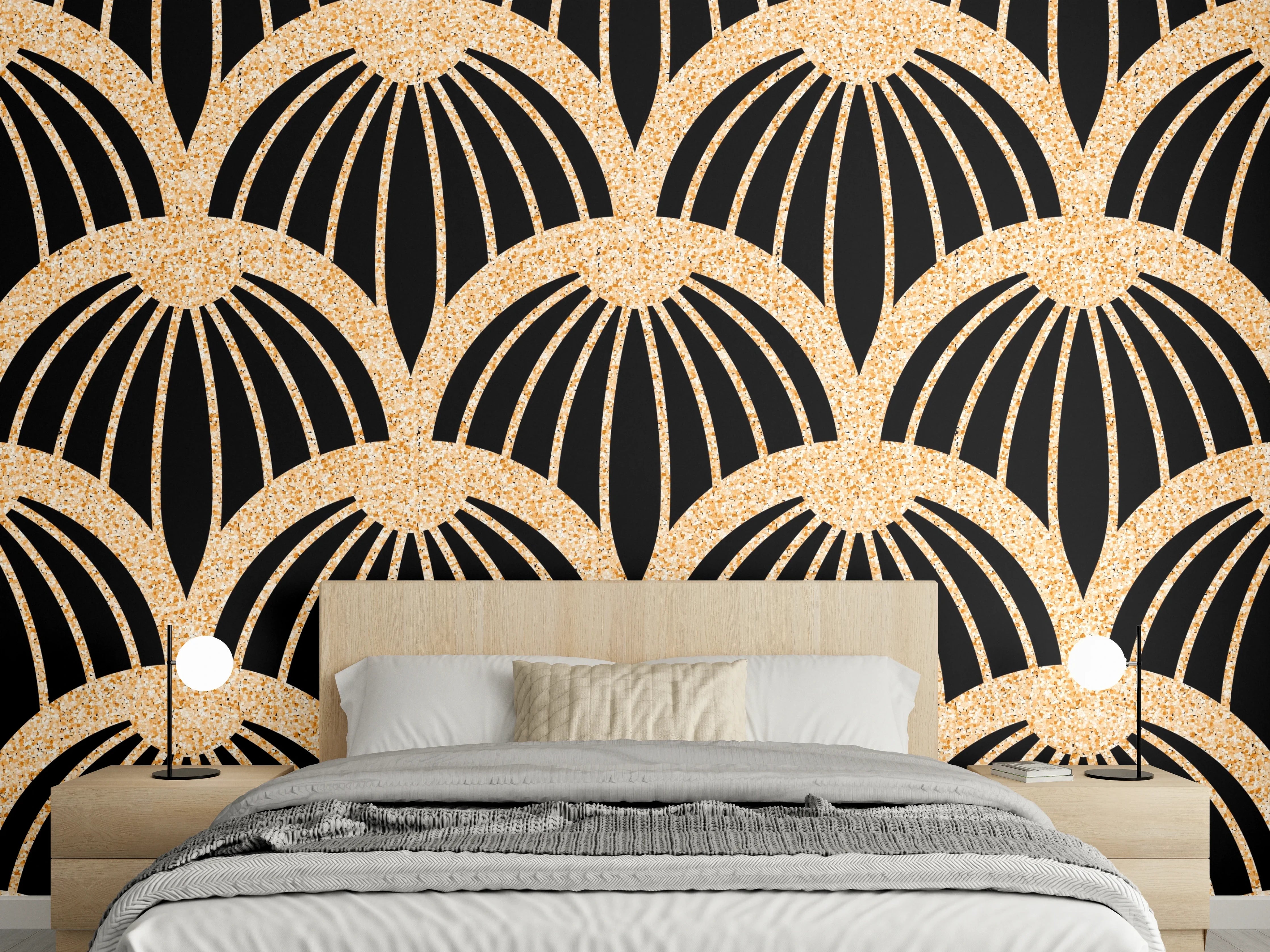 Wandverkleidung Schlafzimmer - Goldene Wellenmuster mit Schwarzem Hintergrund