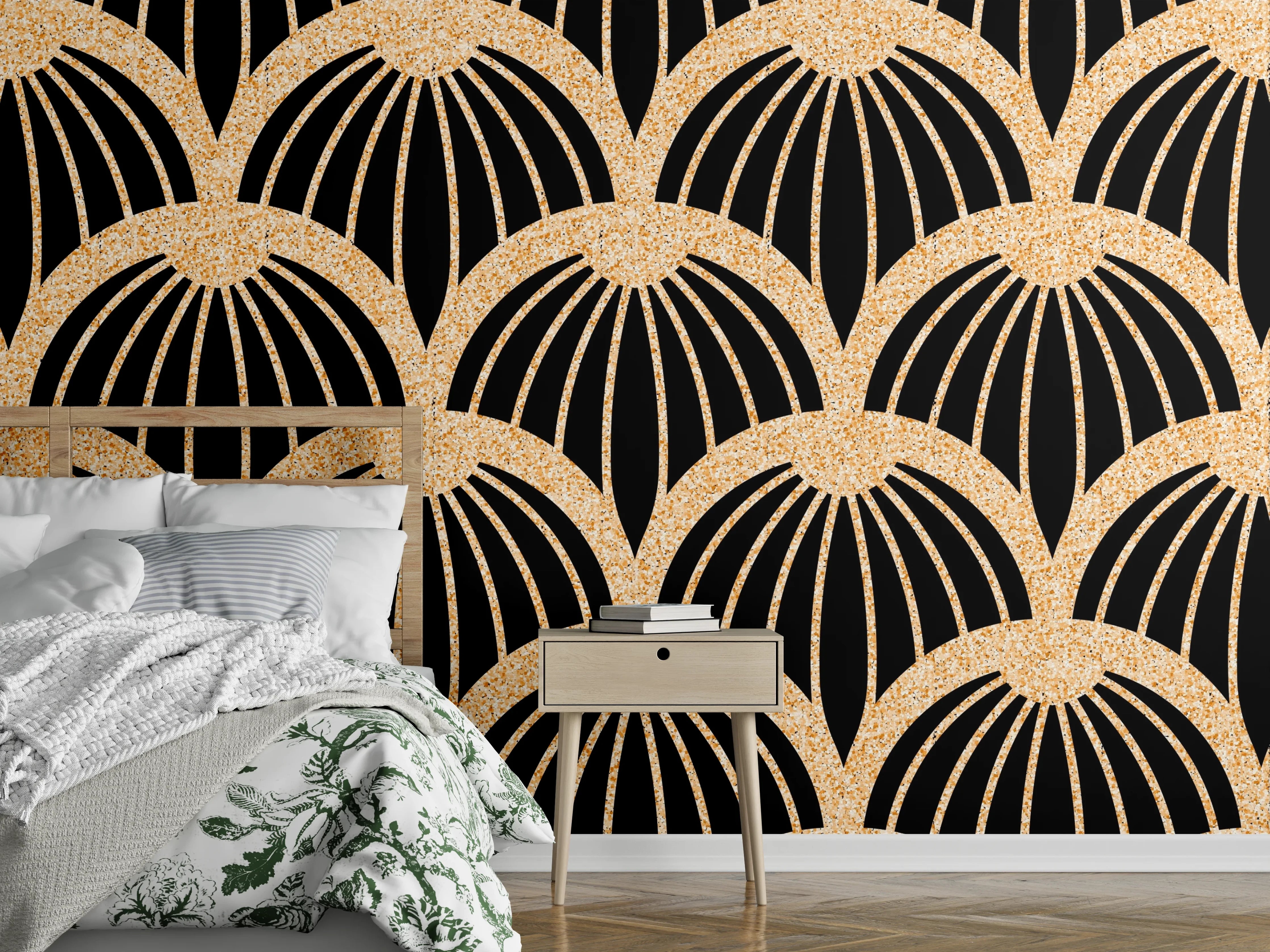 Wandverkleidung Schlafzimmer - Goldene Wellenmuster mit Schwarzem Hintergrund