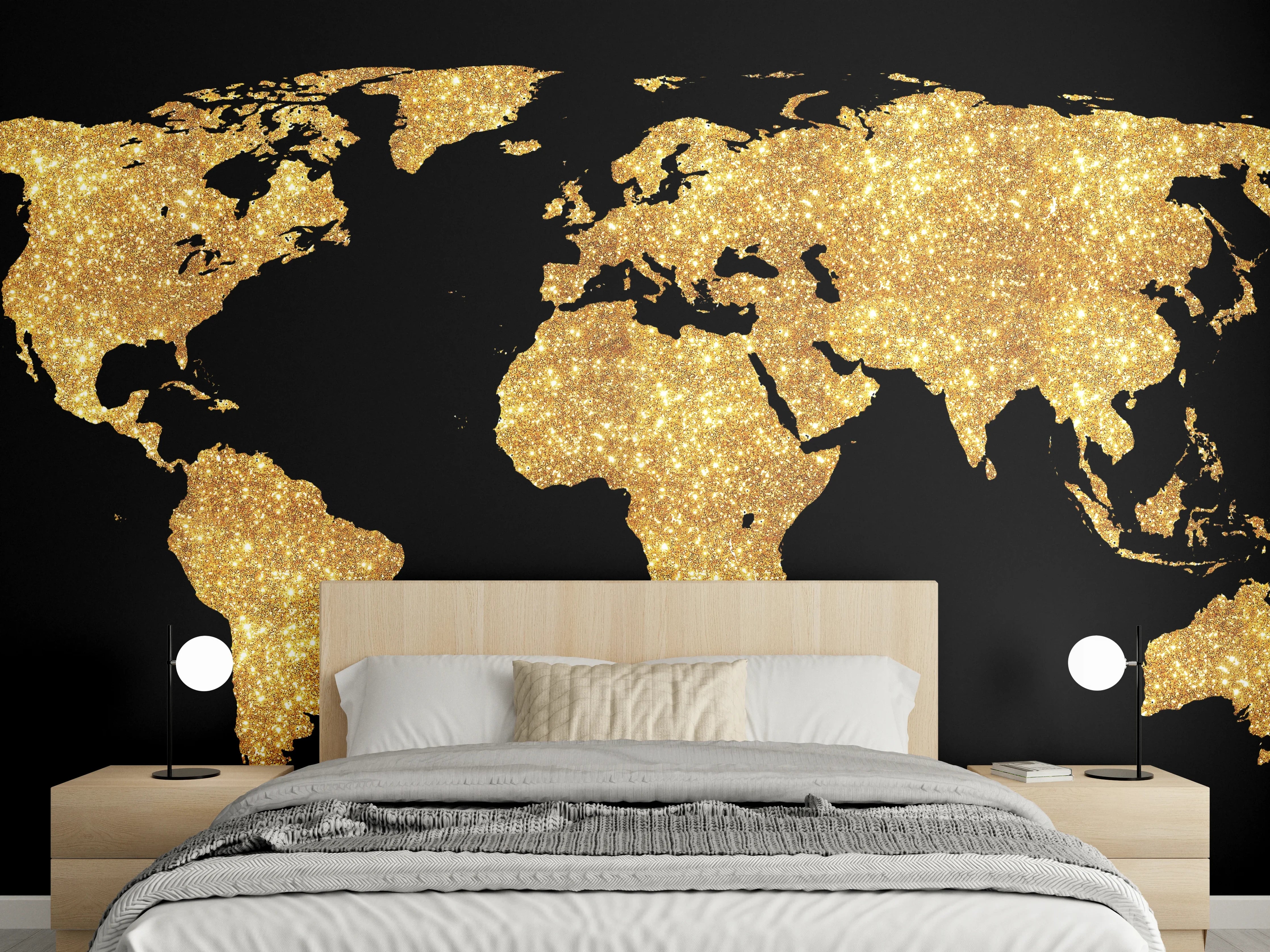 Wandverkleidung Schlafzimmer - Goldene Weltkarte Nachtlicht