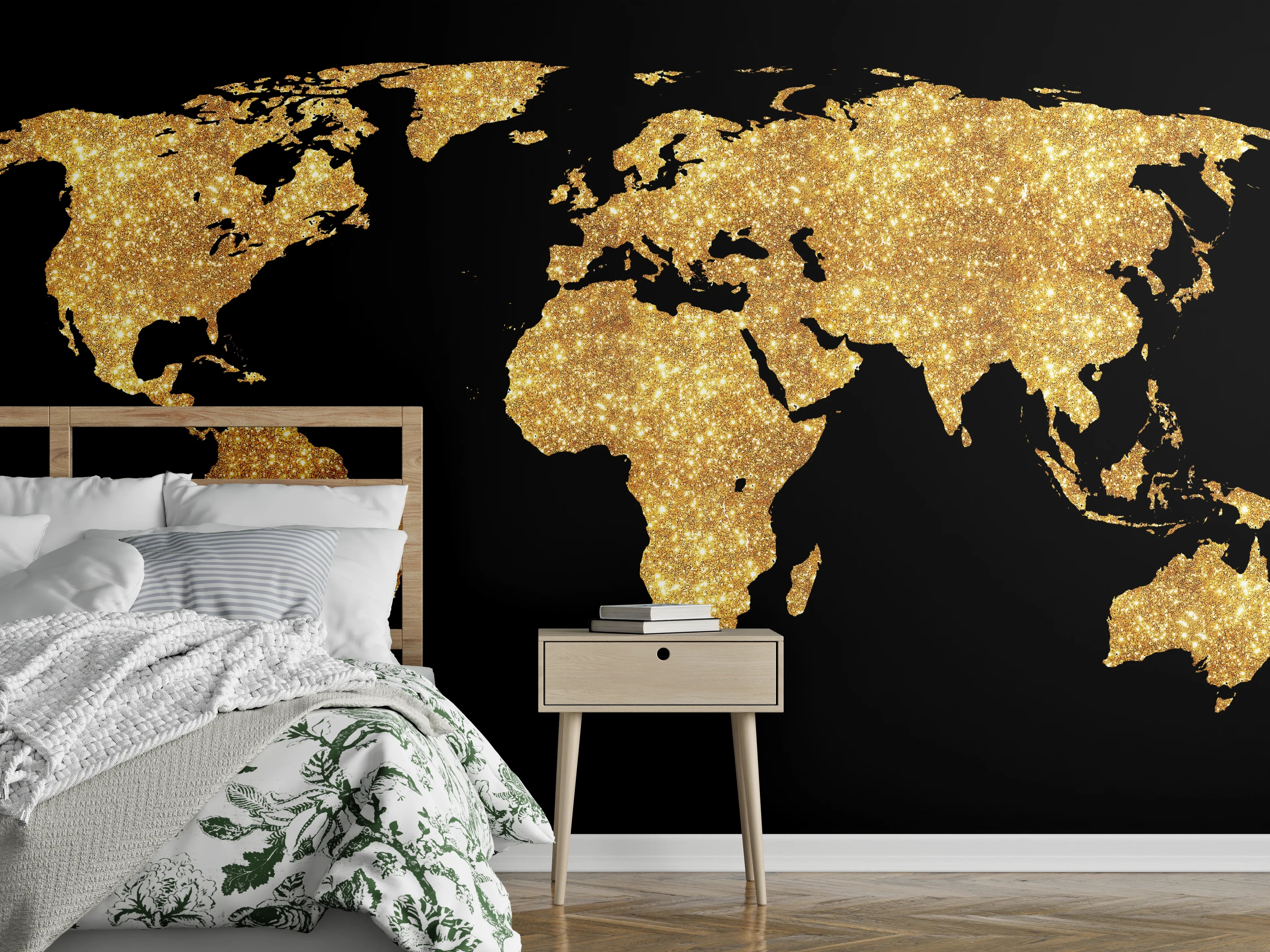 Wandverkleidung Schlafzimmer - Goldene Weltkarte Nachtlicht