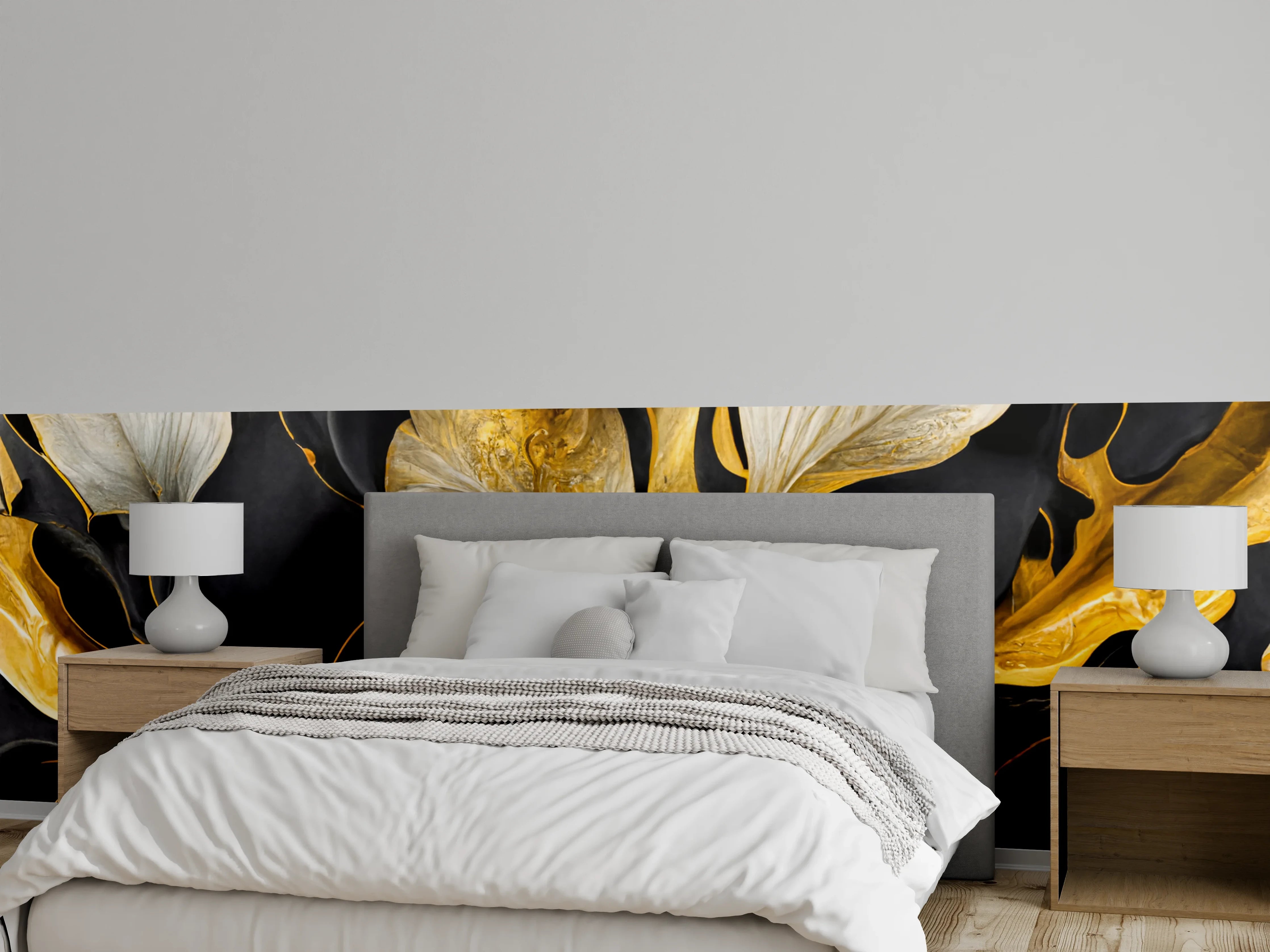 Wandverkleidung Schlafzimmer - Goldene abstrakte Blütenpracht auf Schwarz